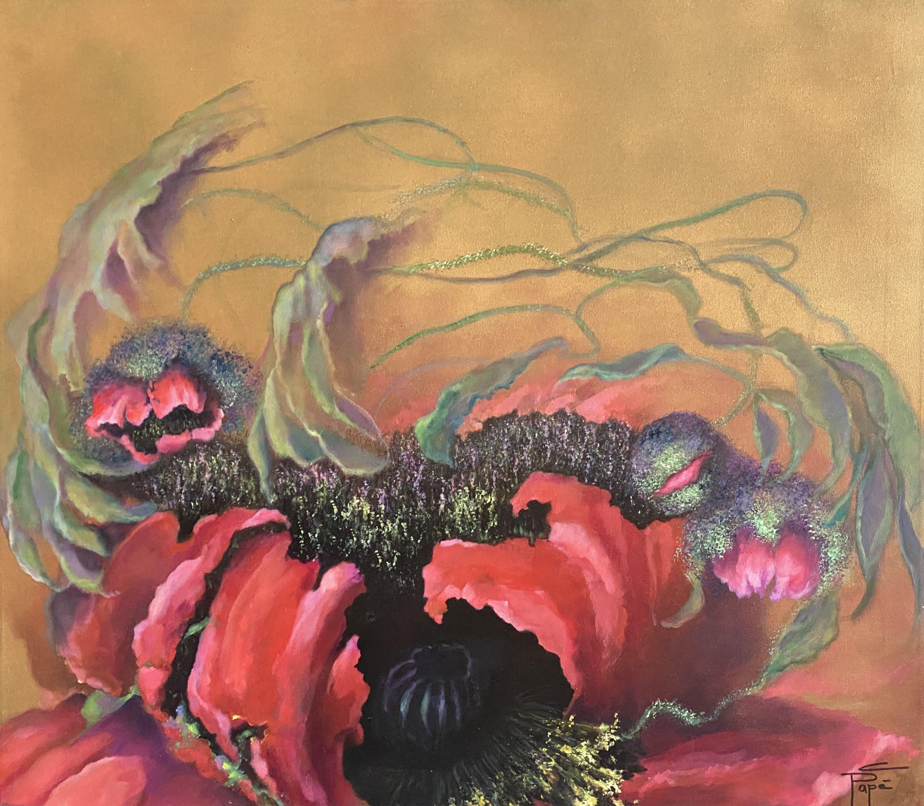 From my Poppy Series, an exuberant blooming poppy against a matte gold background.  :: Painting :: Contemporary :: This piece comes with an official certificate of authenticity signed by the artist :: Ready to Hang: Yes :: Signed: Yes :: Signature