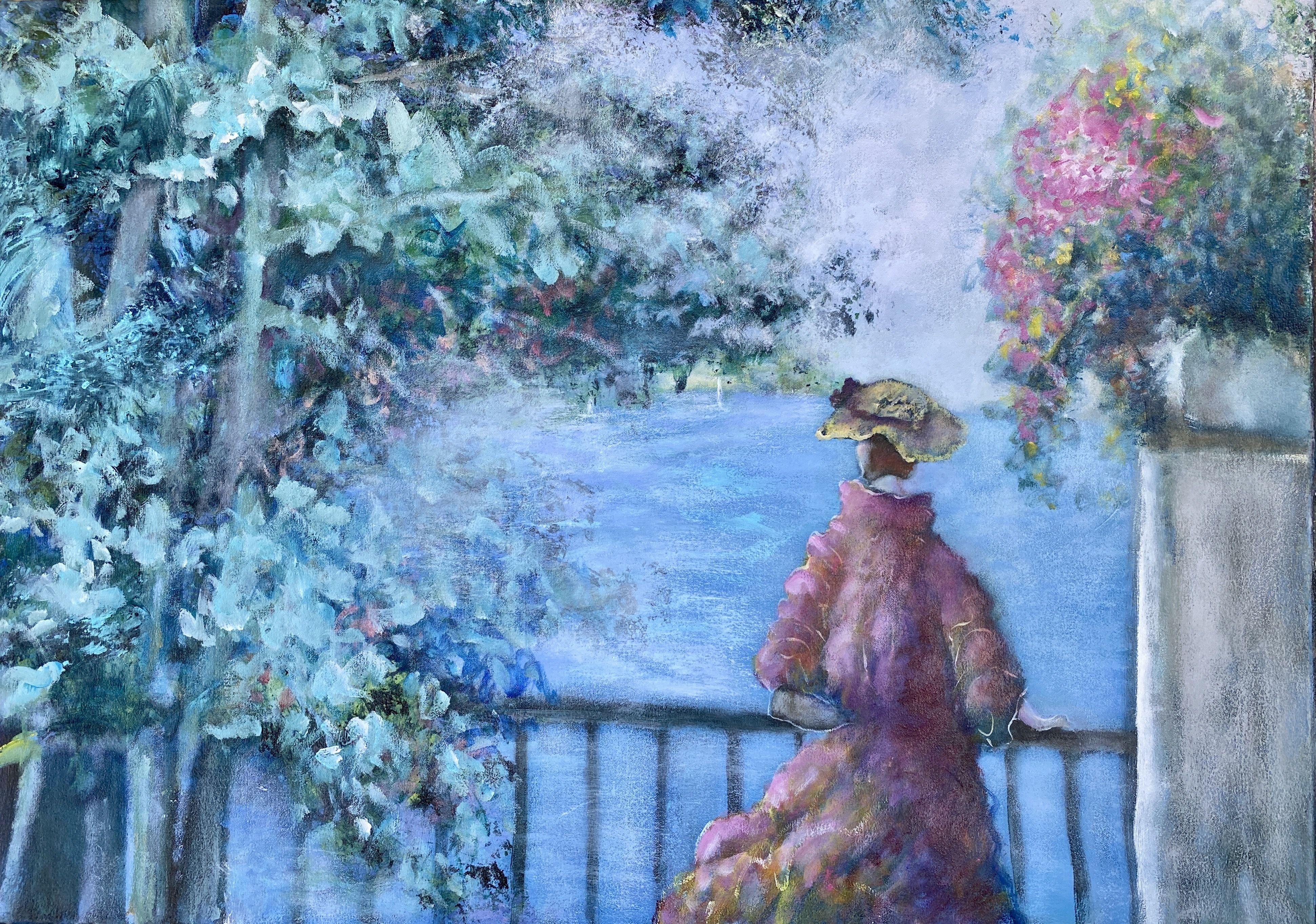 A painting of a woman in a straw hat at a terrace overlooking the ocean. :: Painting :: Contemporary :: This piece comes with an official certificate of authenticity signed by the artist :: Ready to Hang: Yes :: Signed: Yes :: Signature Location: