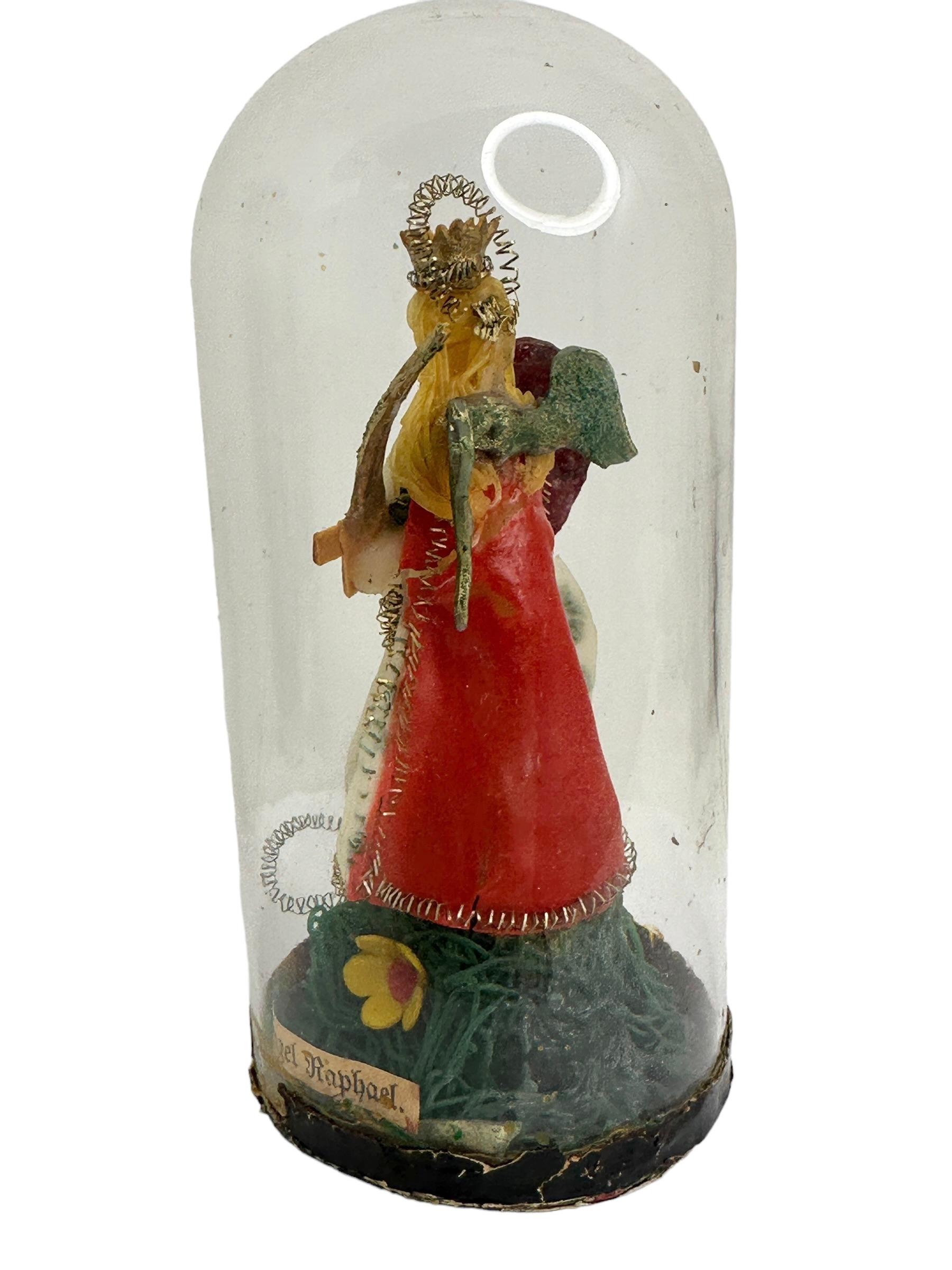 Folk Art Christianity Monastery Work Arch Angel in Glass Display Case Antique German For Sale