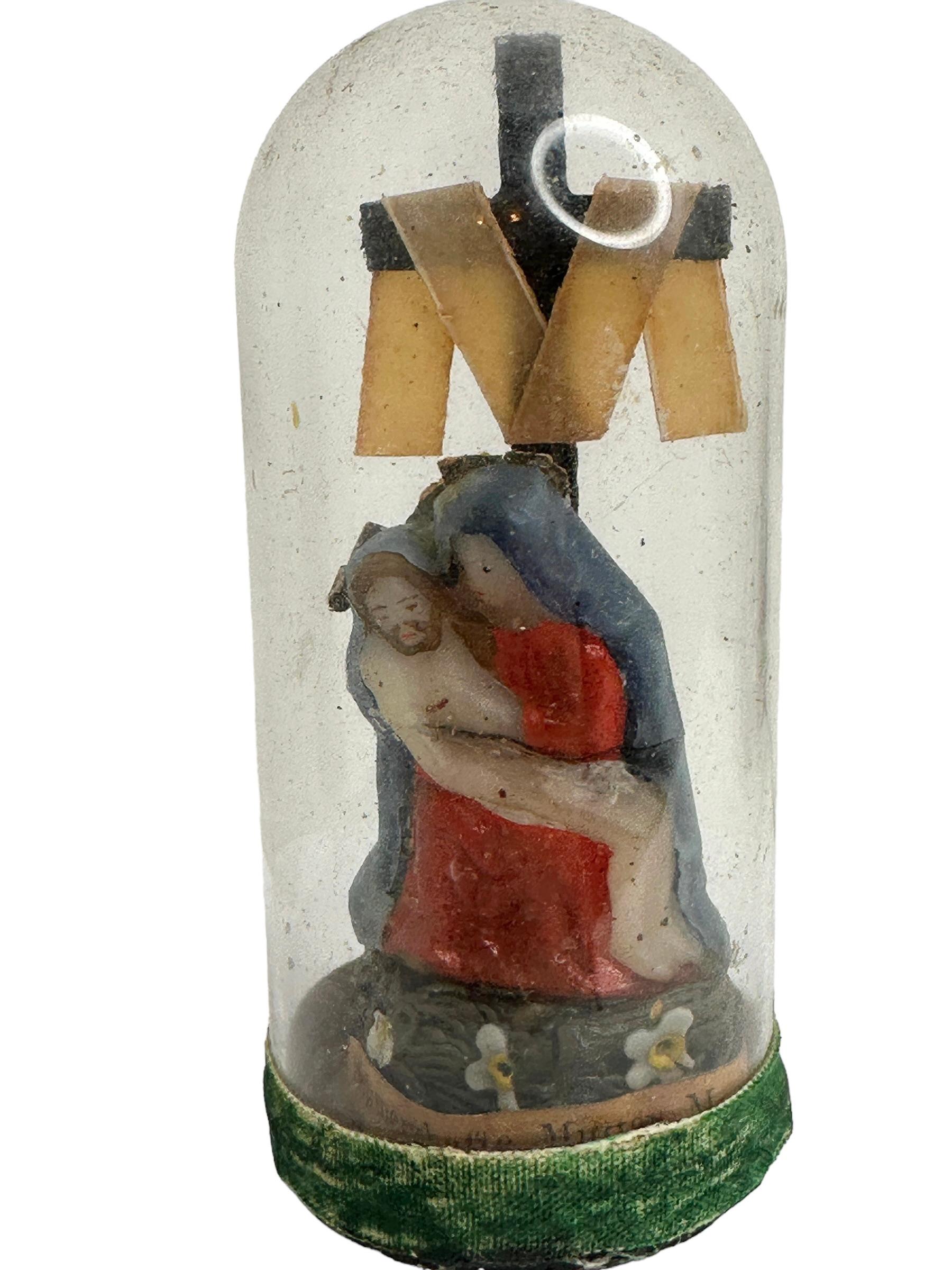 Folk Art Christianity Monastery Work Mary & Jesus in Glass Display Case Antique German For Sale