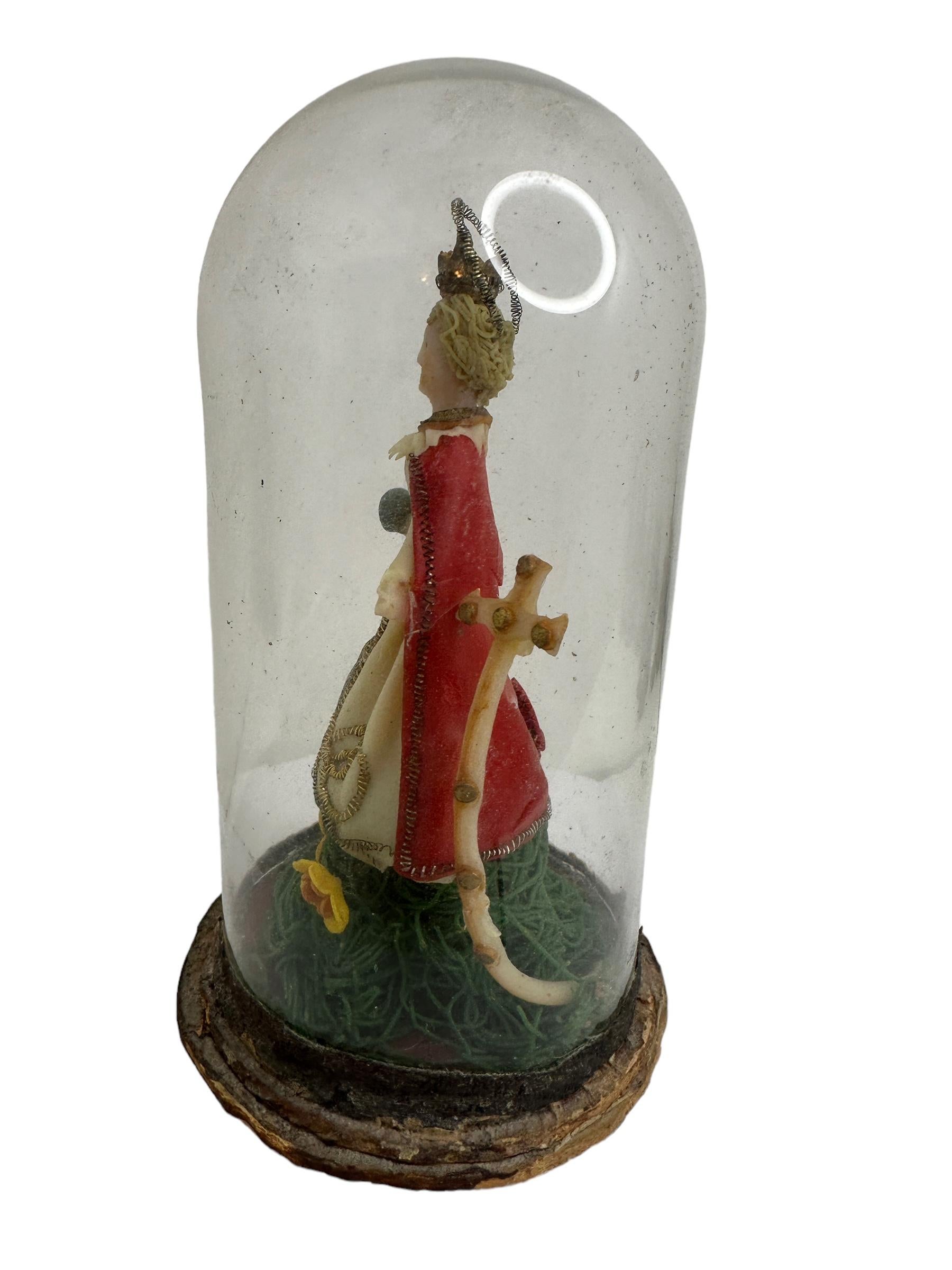 Folk Art Christianity Monastery Work Virgin Mary in Glass Display Case Antique German For Sale