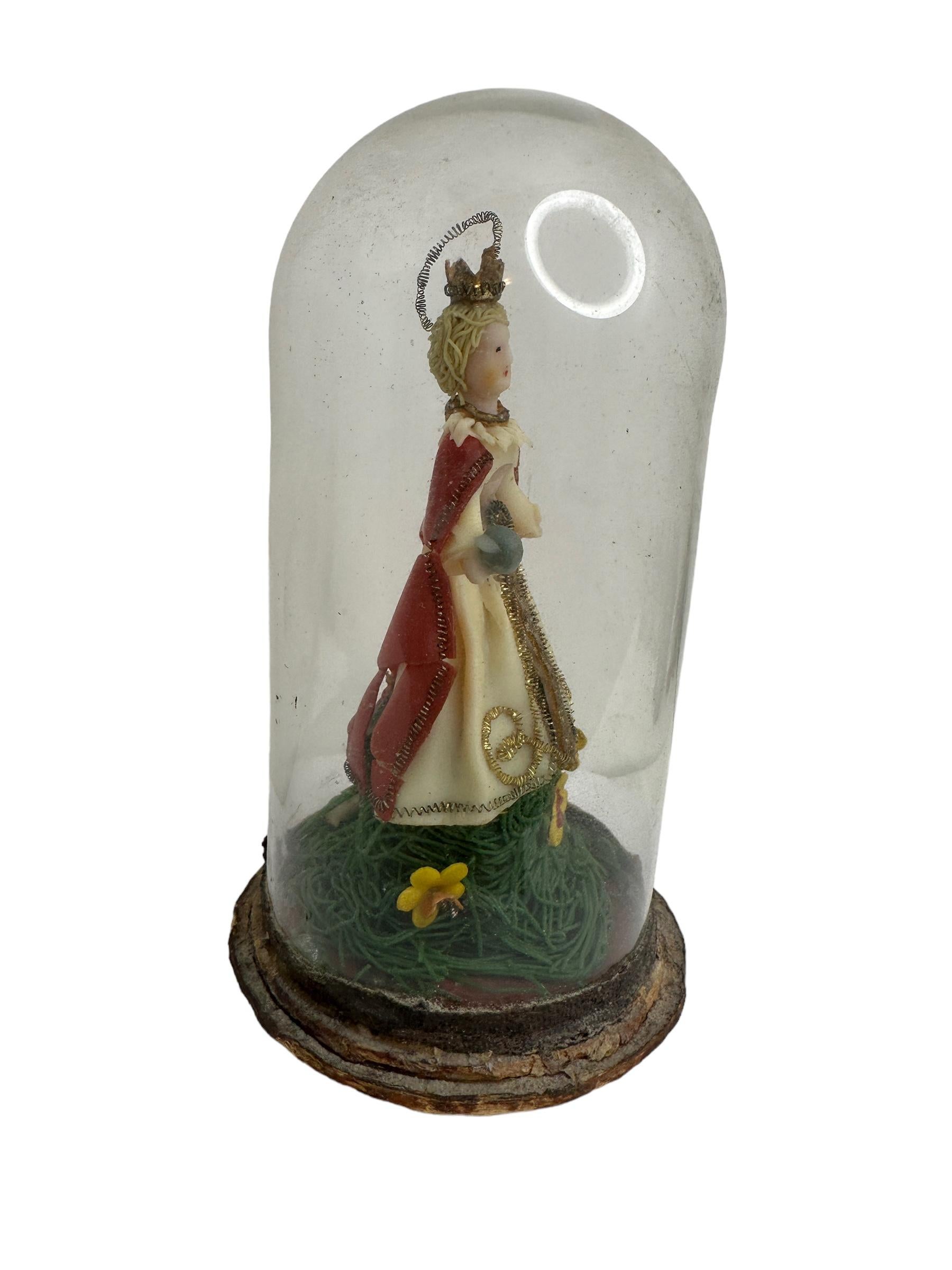 19th Century Christianity Monastery Work Virgin Mary in Glass Display Case Antique German For Sale