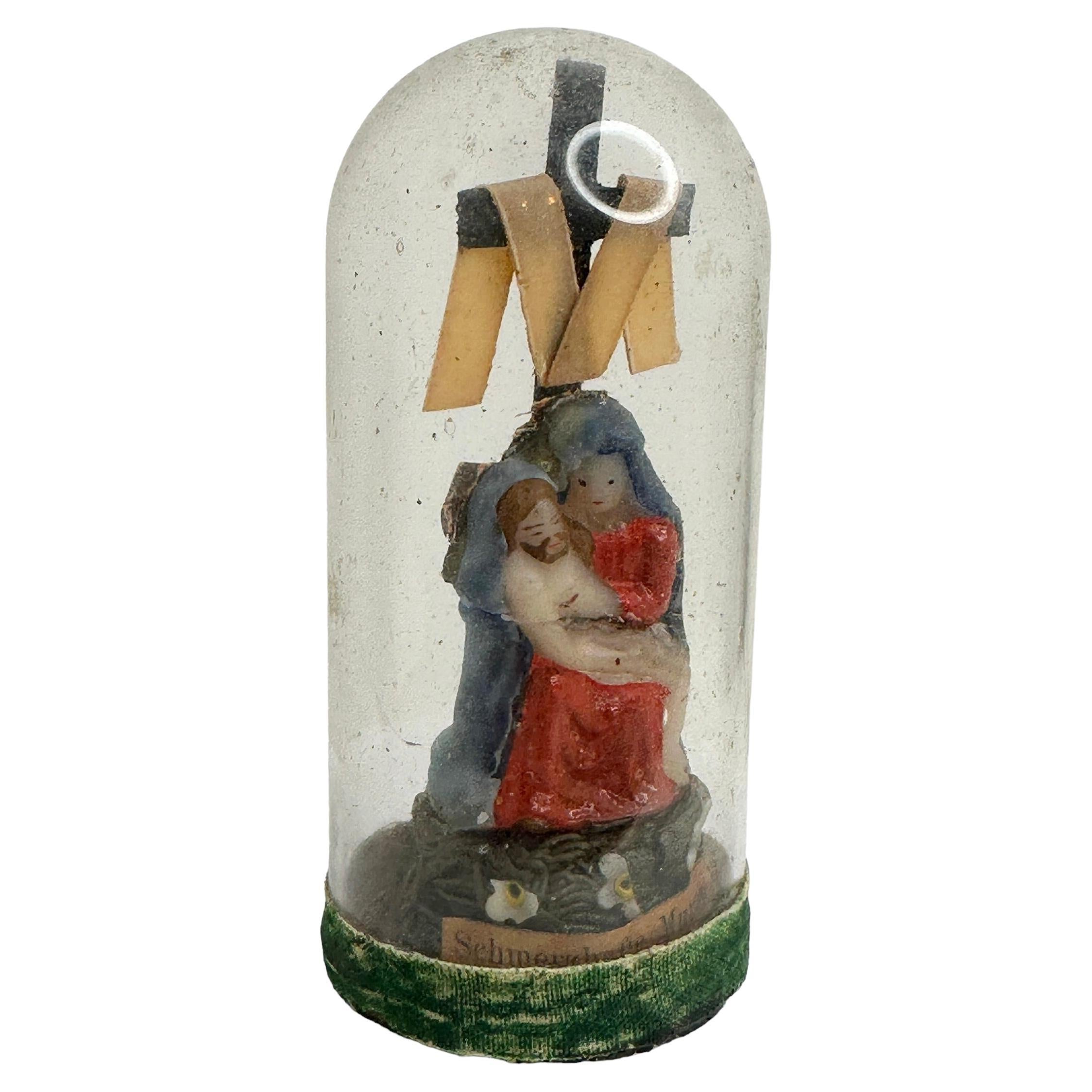 Christianity Monastery Work Mary & Jesus in Glass Display Case Antique German For Sale