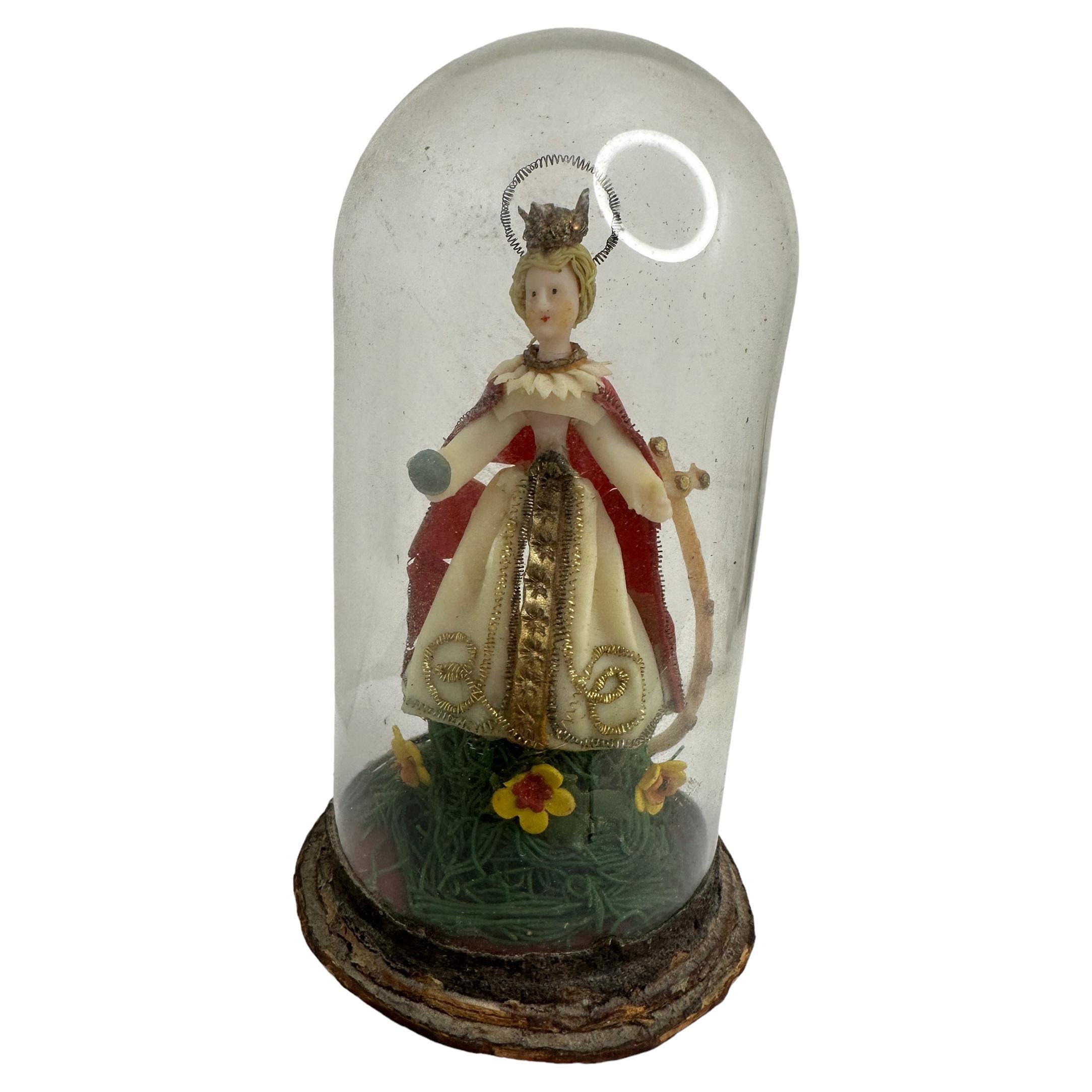 Christianity Monastery Work Virgin Mary in Glass Display Case Antique German For Sale