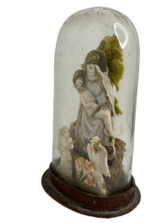 Christianity Monastery Work Mother & Child in Glass Display Case Antique German
