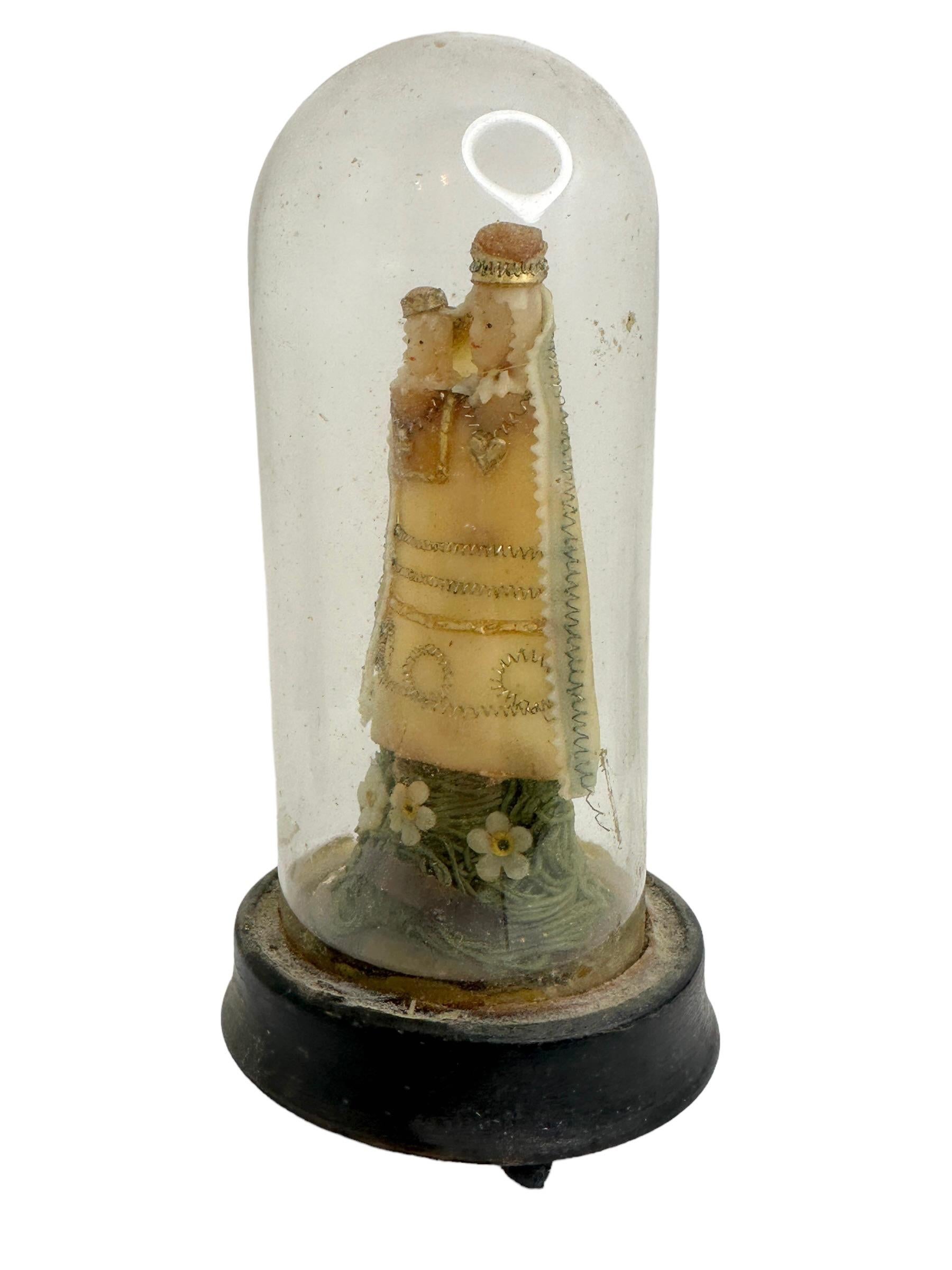 20th Century Christianity Monastery Work Mother & Child in Glass Display Case Antique German For Sale