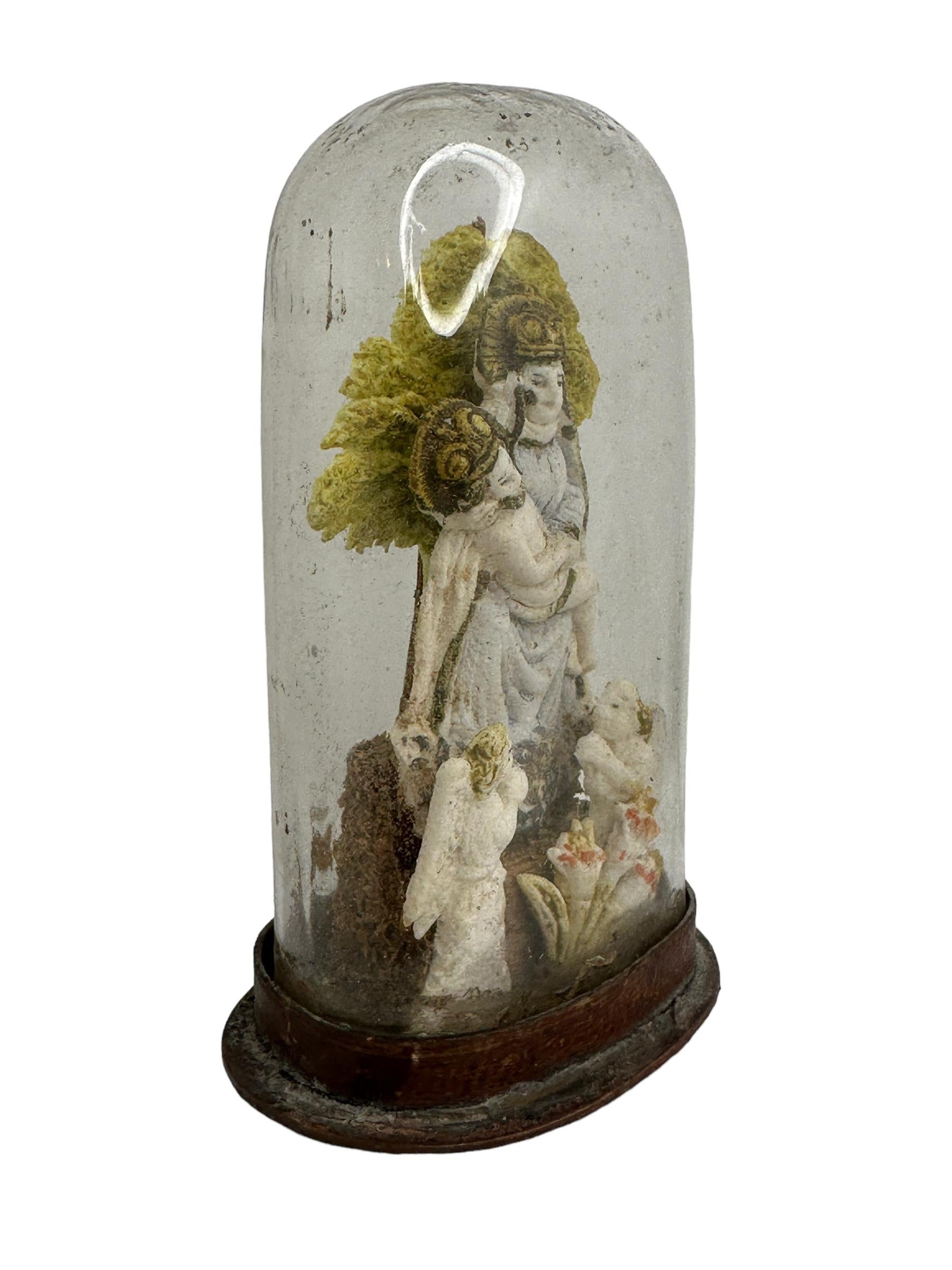 19th Century Christianity Monastery Work Mother & Child in Glass Display Case Antique German For Sale