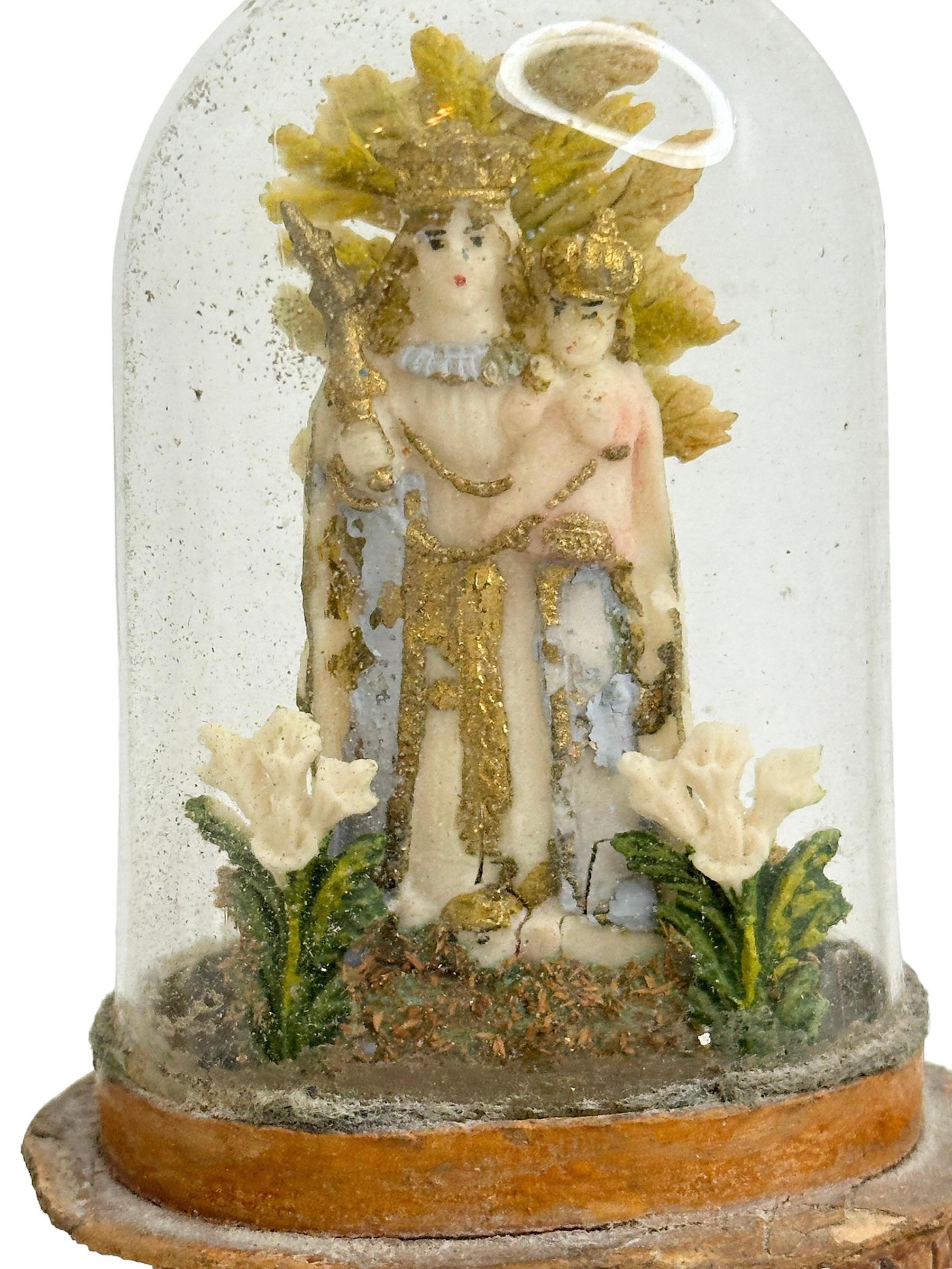 Paper Christianity Monastery Work Mother & Child in Glass Display Case Antique German For Sale