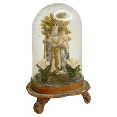 Christianity Monastery Work Mother & Child in Glass Display Case Antique German
