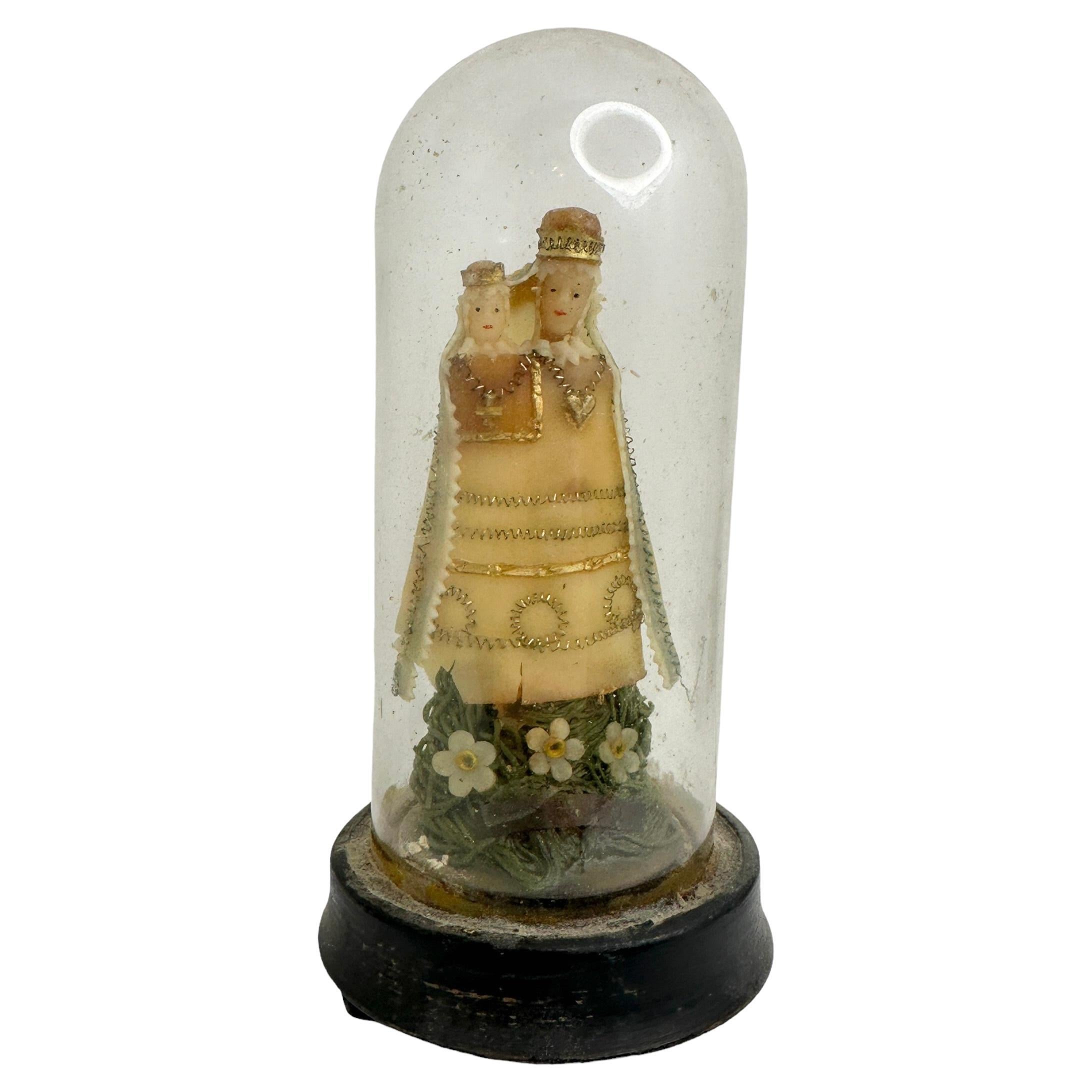 Christianity Monastery Work Mother & Child in Glass Display Case Antique German For Sale