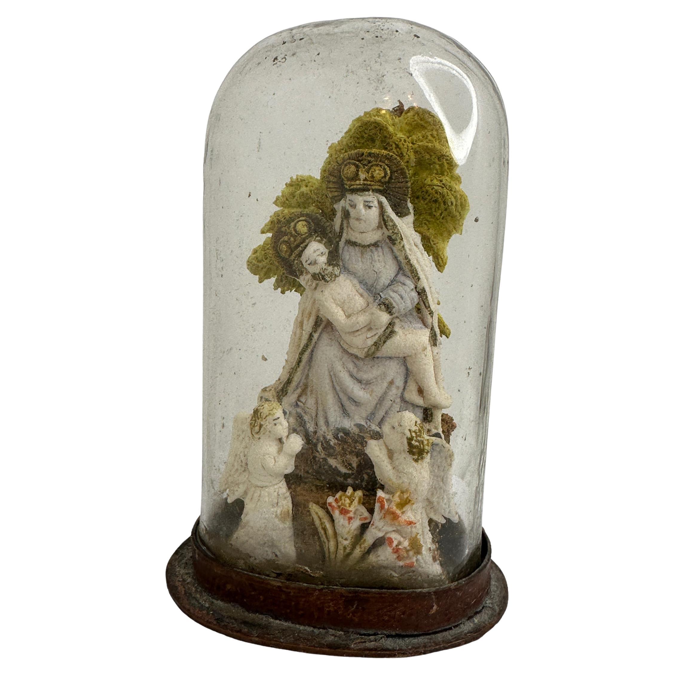 Christianity Monastery Work Mother & Child in Glass Display Case Antique German For Sale