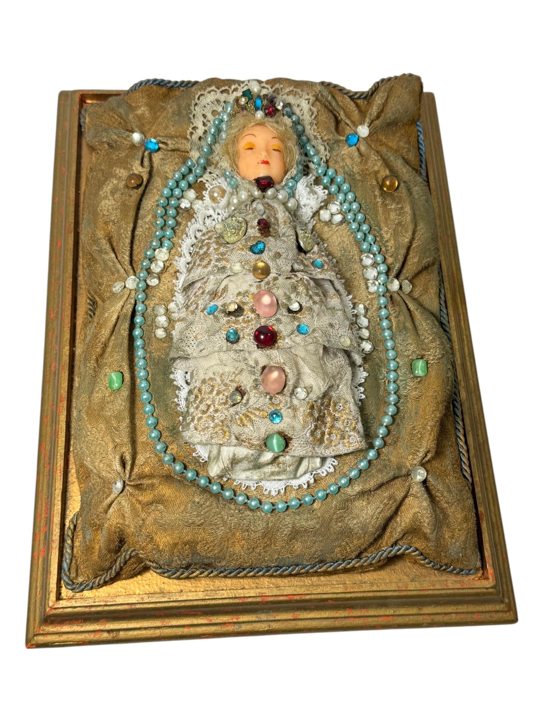 Christianity Monastery Work Wax Jesus Child in Glass Display Case Antique German For Sale 6