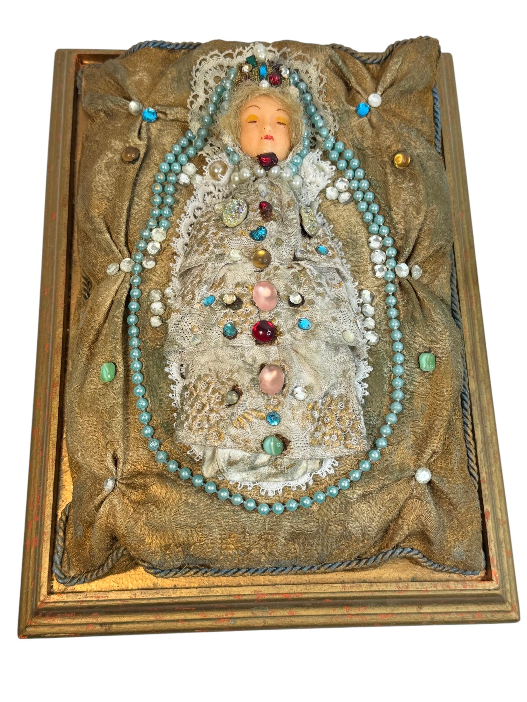 Christianity Monastery Work Wax Jesus Child in Glass Display Case Antique German For Sale 7
