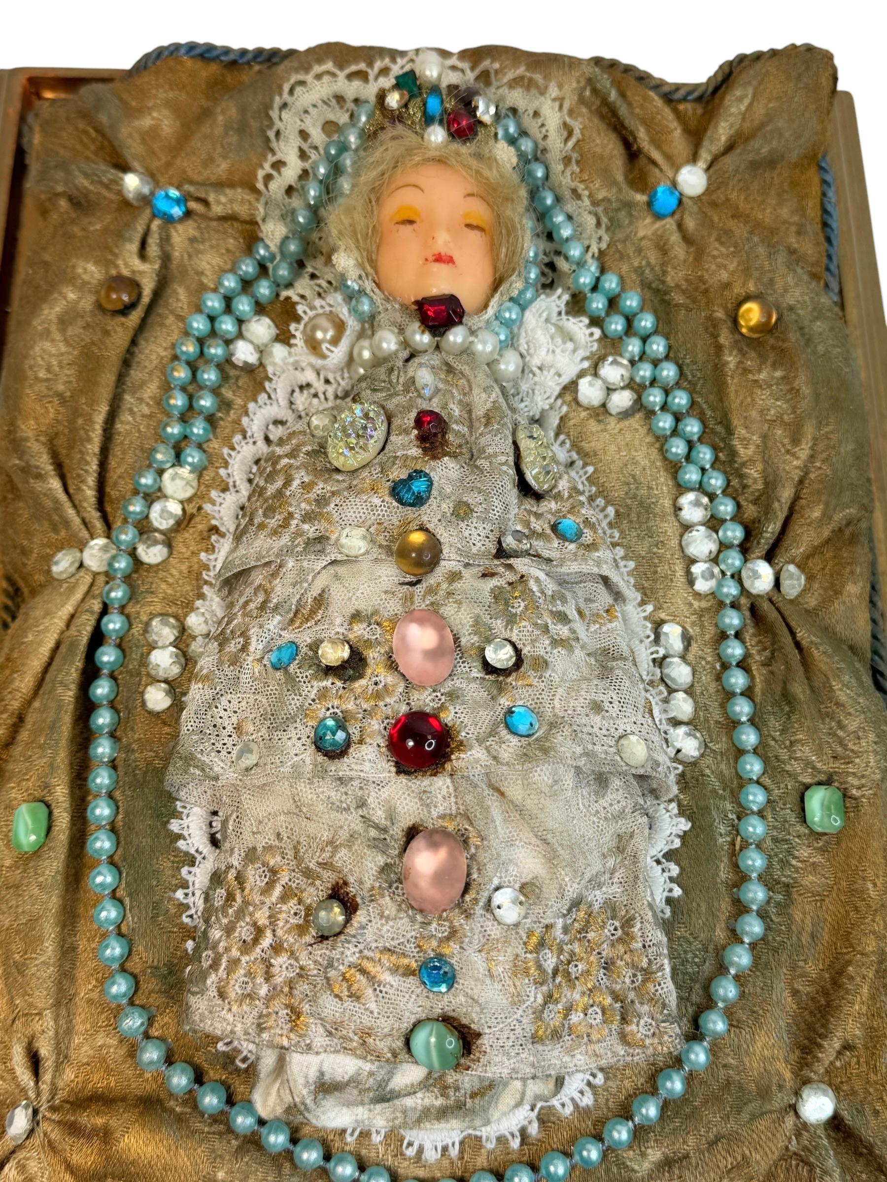 Christianity Monastery Work Wax Jesus Child in Glass Display Case Antique German For Sale 8