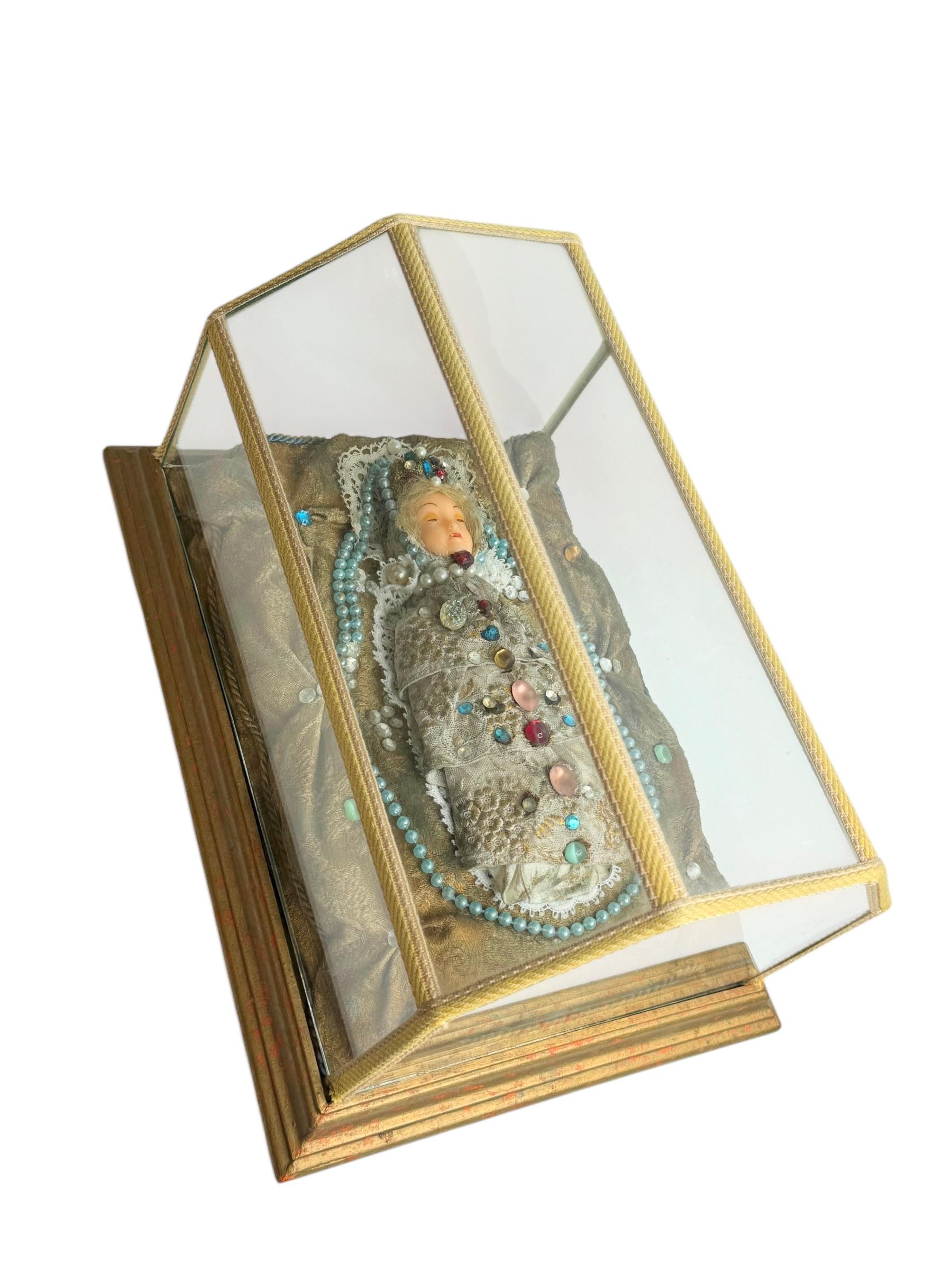 Folk Art Christianity Monastery Work Wax Jesus Child in Glass Display Case Antique German For Sale