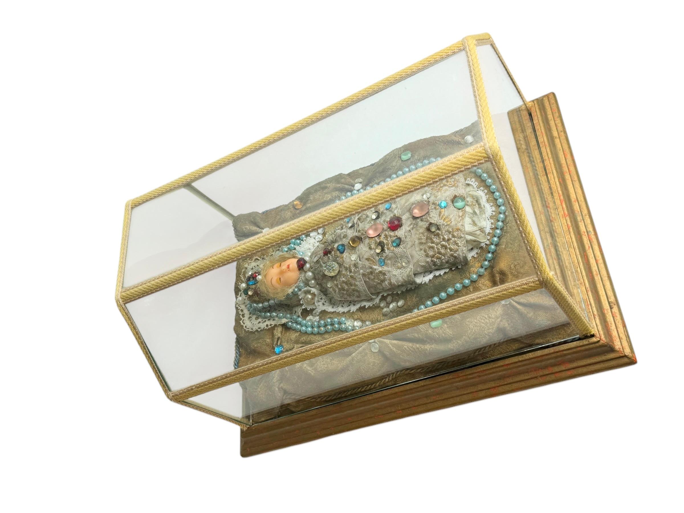 Hand-Crafted Christianity Monastery Work Wax Jesus Child in Glass Display Case Antique German For Sale
