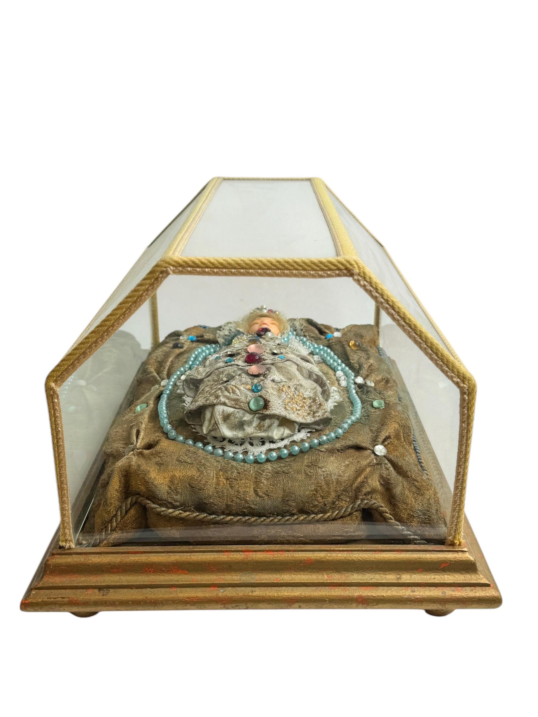 20th Century Christianity Monastery Work Wax Jesus Child in Glass Display Case Antique German For Sale