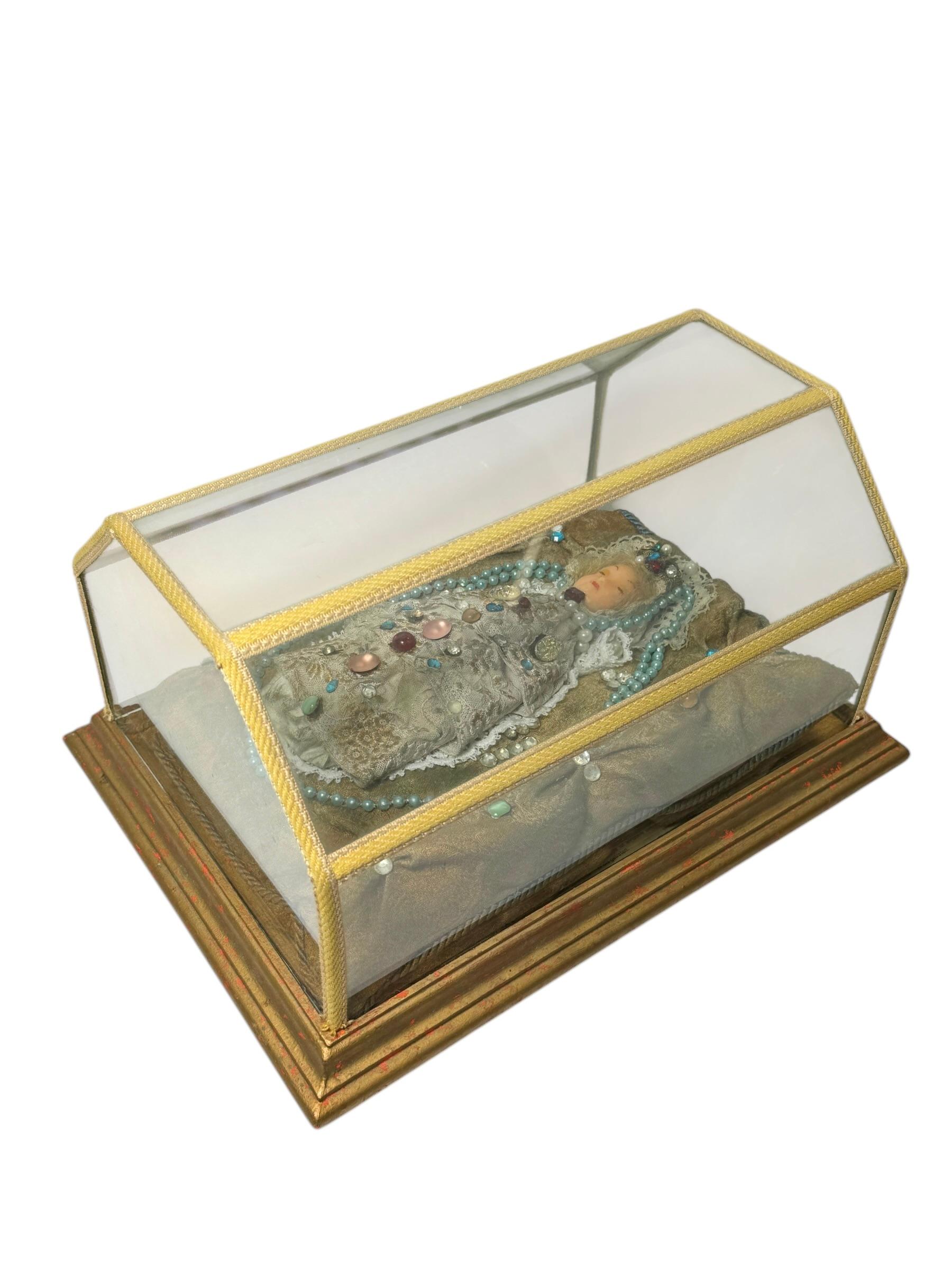 Christianity Monastery Work Wax Jesus Child in Glass Display Case Antique German For Sale 1