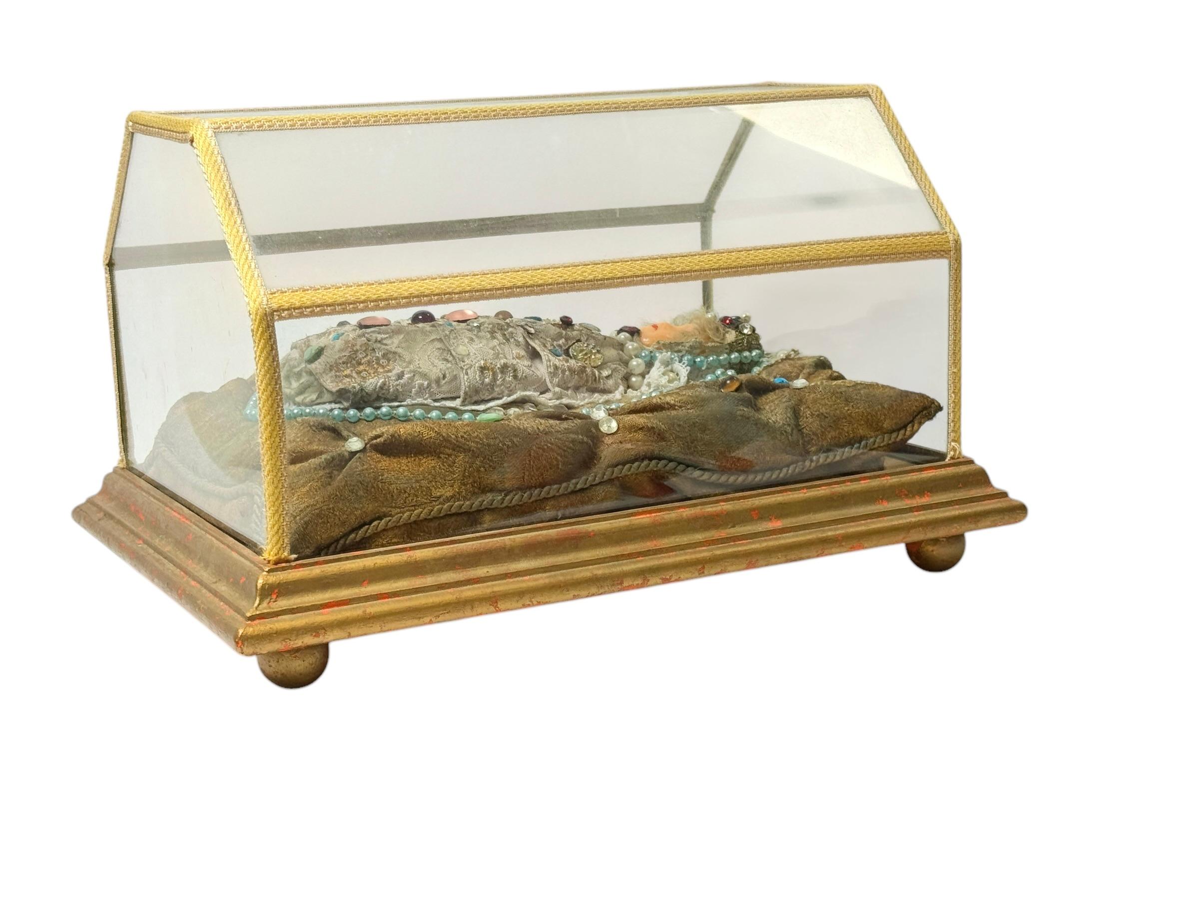 Christianity Monastery Work Wax Jesus Child in Glass Display Case Antique German For Sale 2