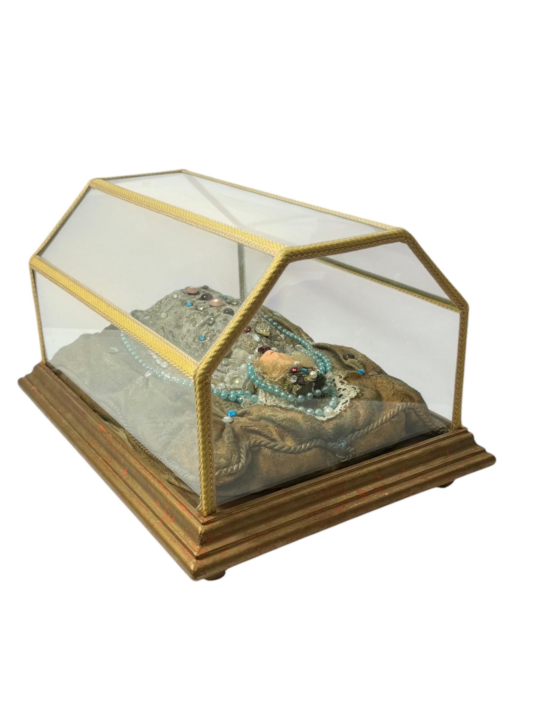 Christianity Monastery Work Wax Jesus Child in Glass Display Case Antique German For Sale 3