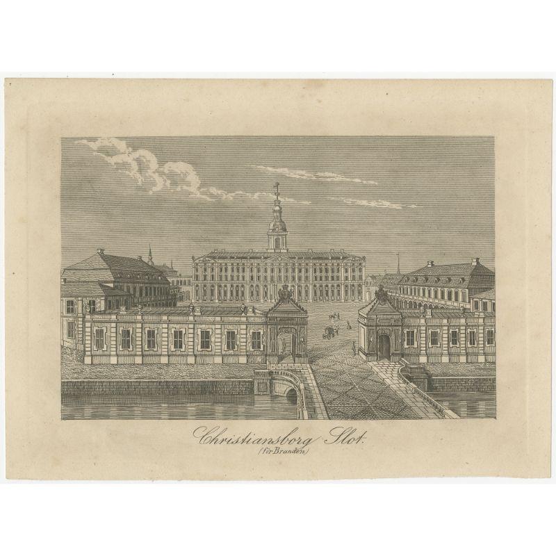 Antique print titled 'Christiansborg Slot'. Original antique print of Christiansborg Slot, Denmark. Source unknown, to be determined. Published circa 1860.

Artists and Engravers: Anonymous.

Condition: Fair/good, general age-related toning.