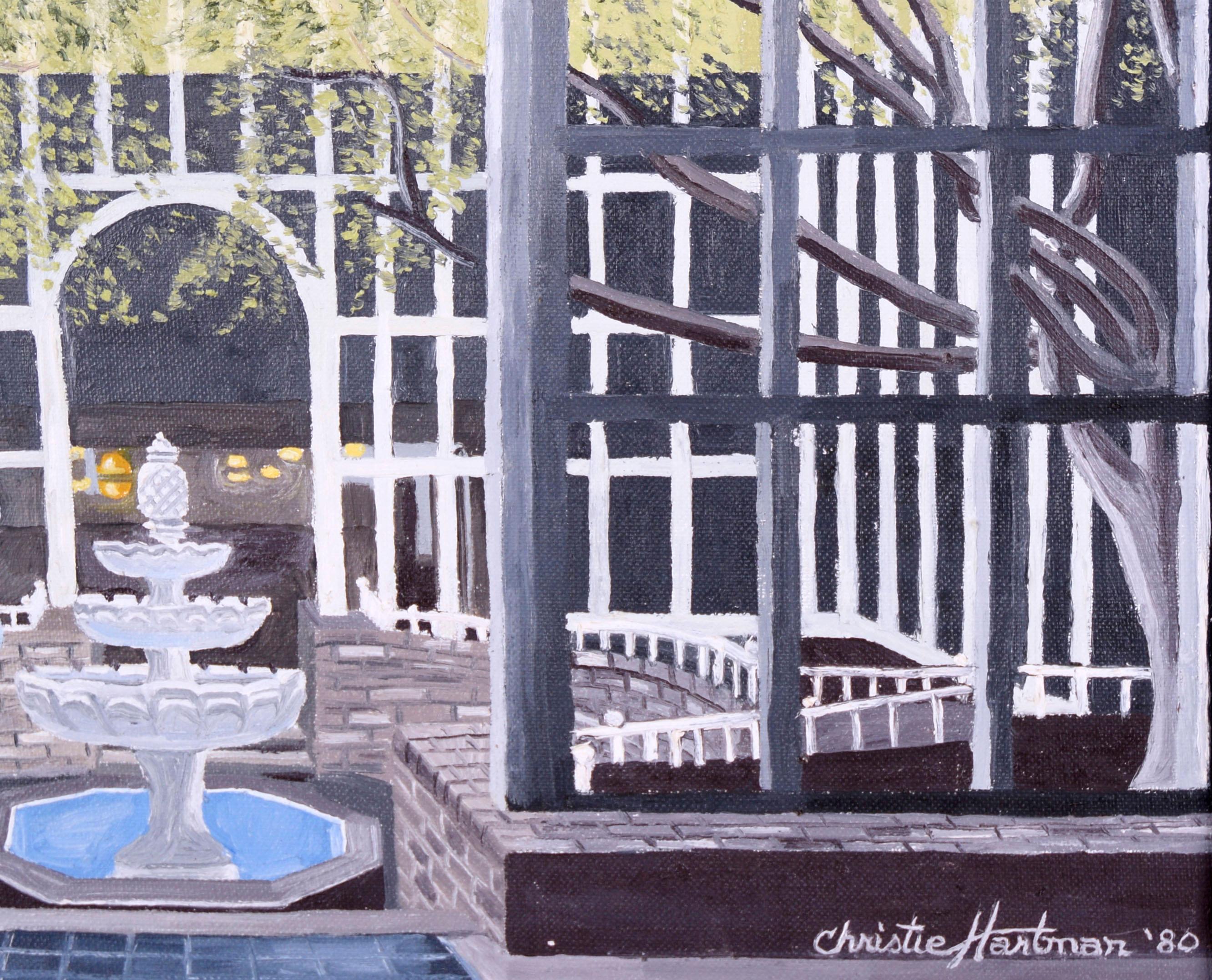 Lady in the Arboretum, Original figuratives Ölgemälde (1980) (Schwarz), Interior Painting, von Christie Hartman