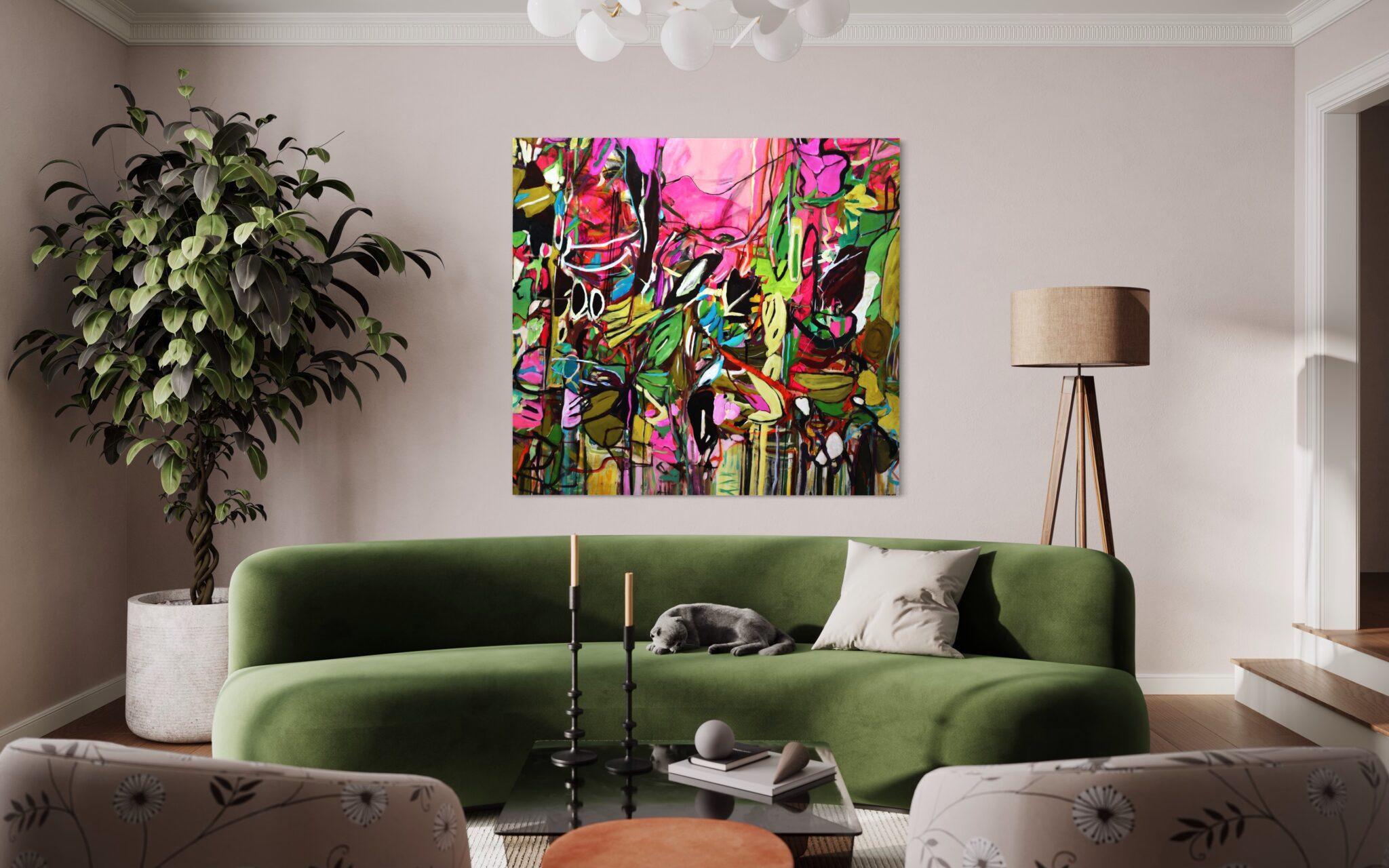 Within this vibrant abstraction, artist Christy Hopkins beckons the viewer into an exclusive realm defined by a rich interplay of color, intricate layers, and emotive resonance unique to her perspective. Comprising contrasting swaths of vivid