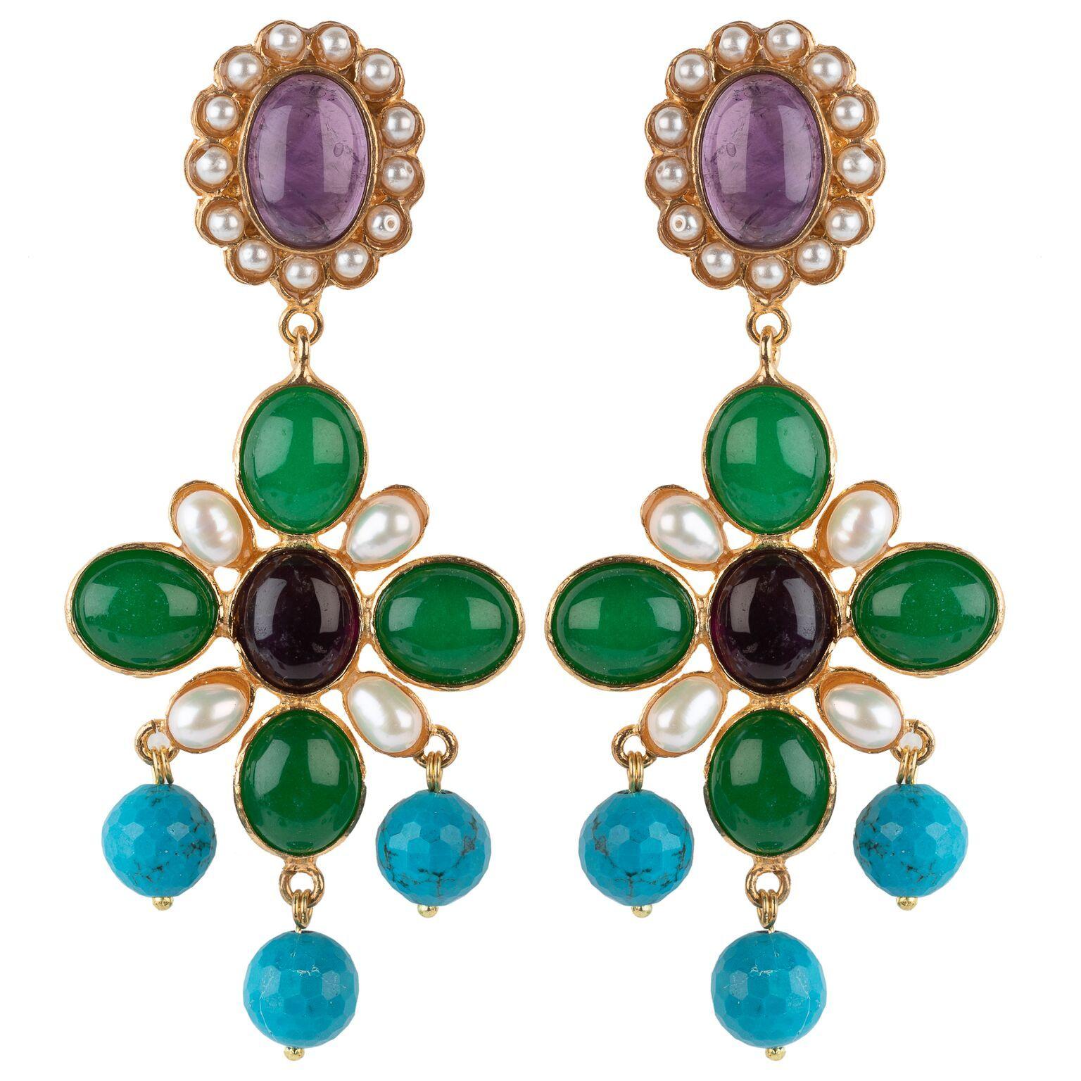 Round Cut Christie Nicolaides Earrings in Agate with Fresh Water Pearls For Sale