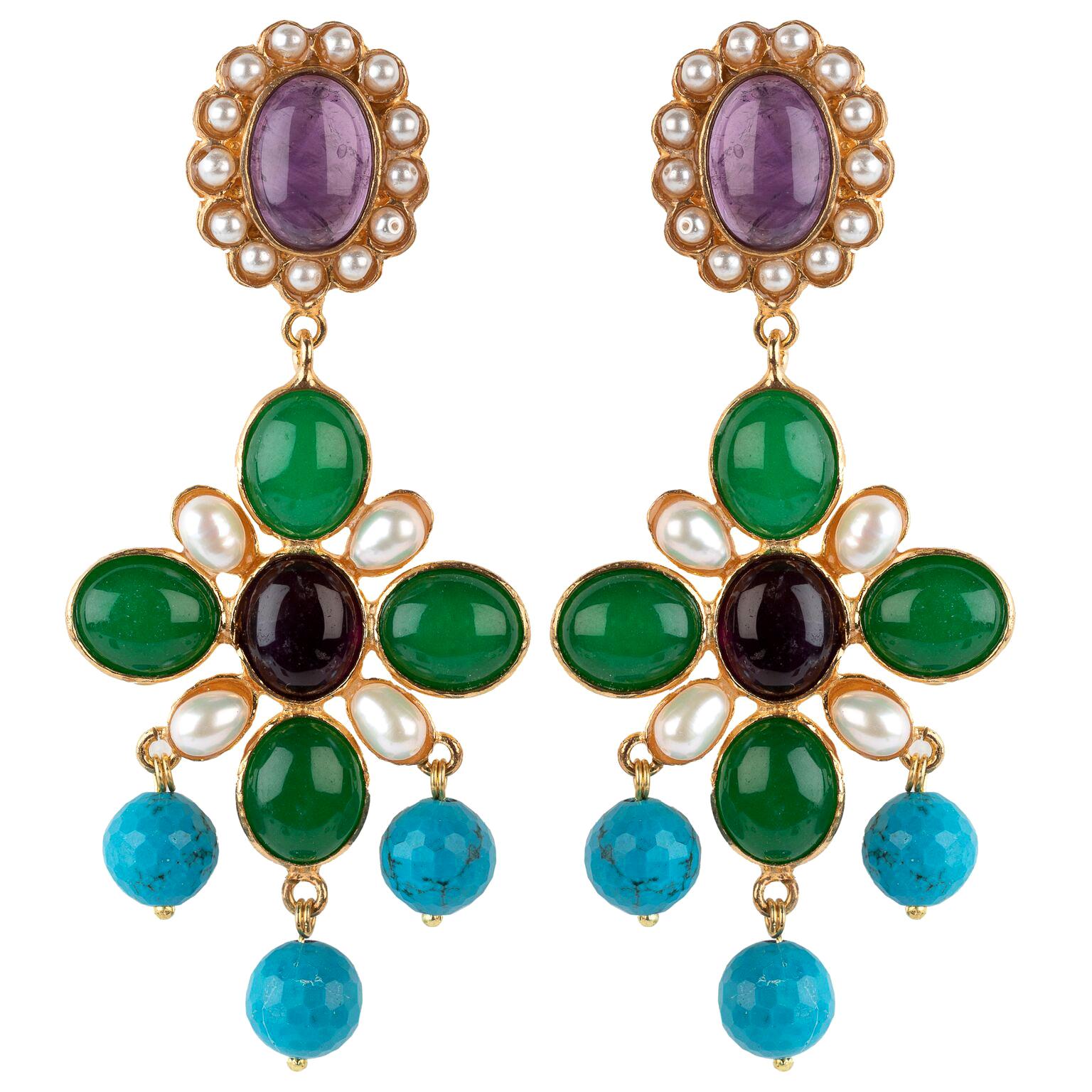 Christie Nicolaides Earrings in Agate with Fresh Water Pearls For Sale