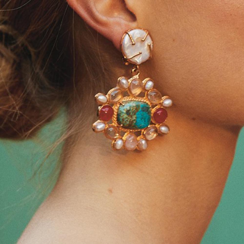 Art Nouveau Christie Nicolaides Earrings in Turquoise like Chrysocolla, Ros Quartz & Pearl