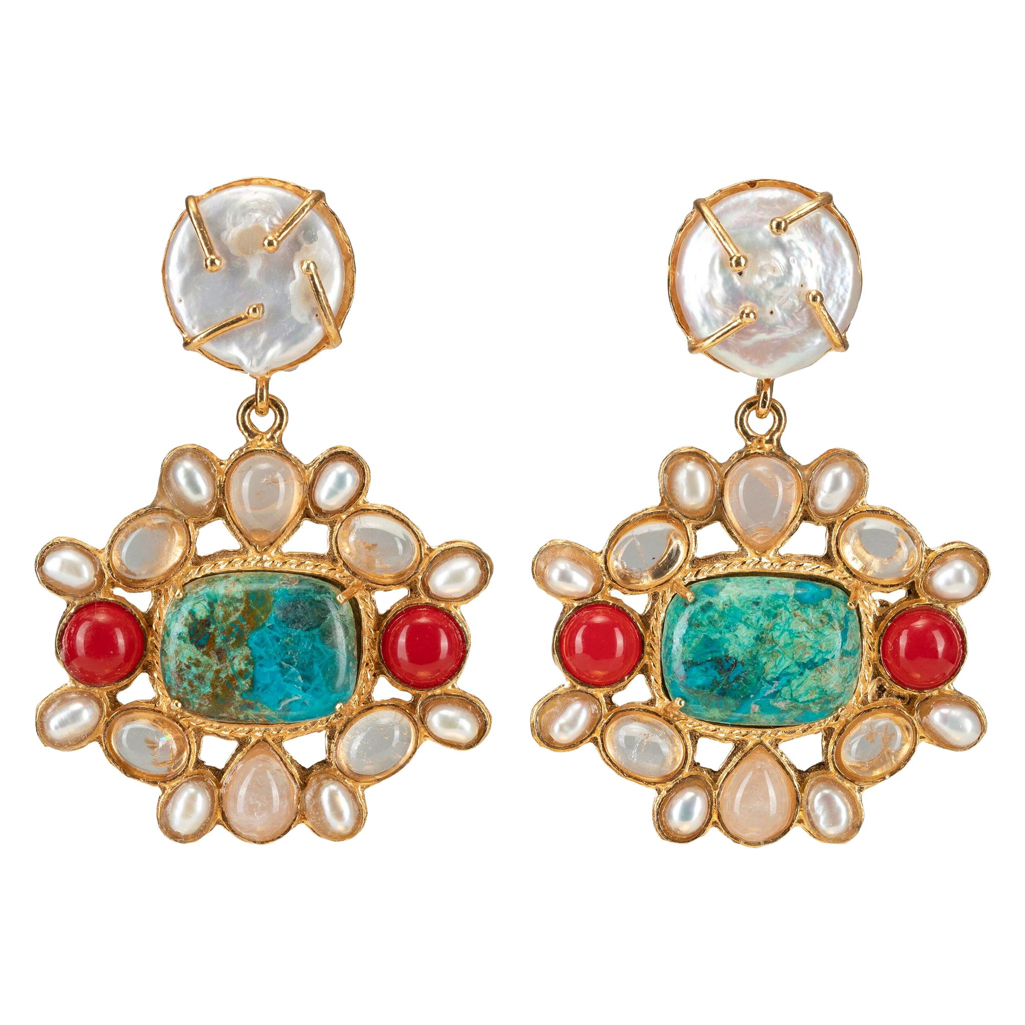 Christie Nicolaides Earrings in Turquoise like Chrysocolla, Ros Quartz & Pearl