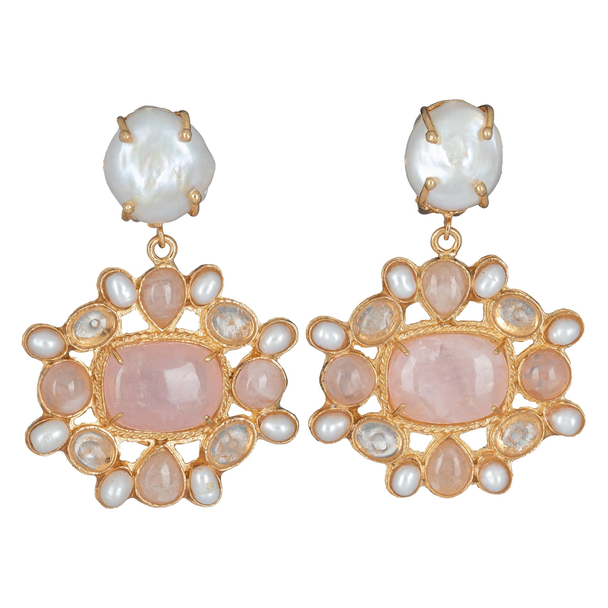 Christie Nicolaides Gold Abriana Earrings in Pink Quartz &  Pearl For Sale