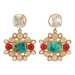 Christie Nicolaides Gold Abriana Earrings in Turquoise, Rose Quartz and Pearl