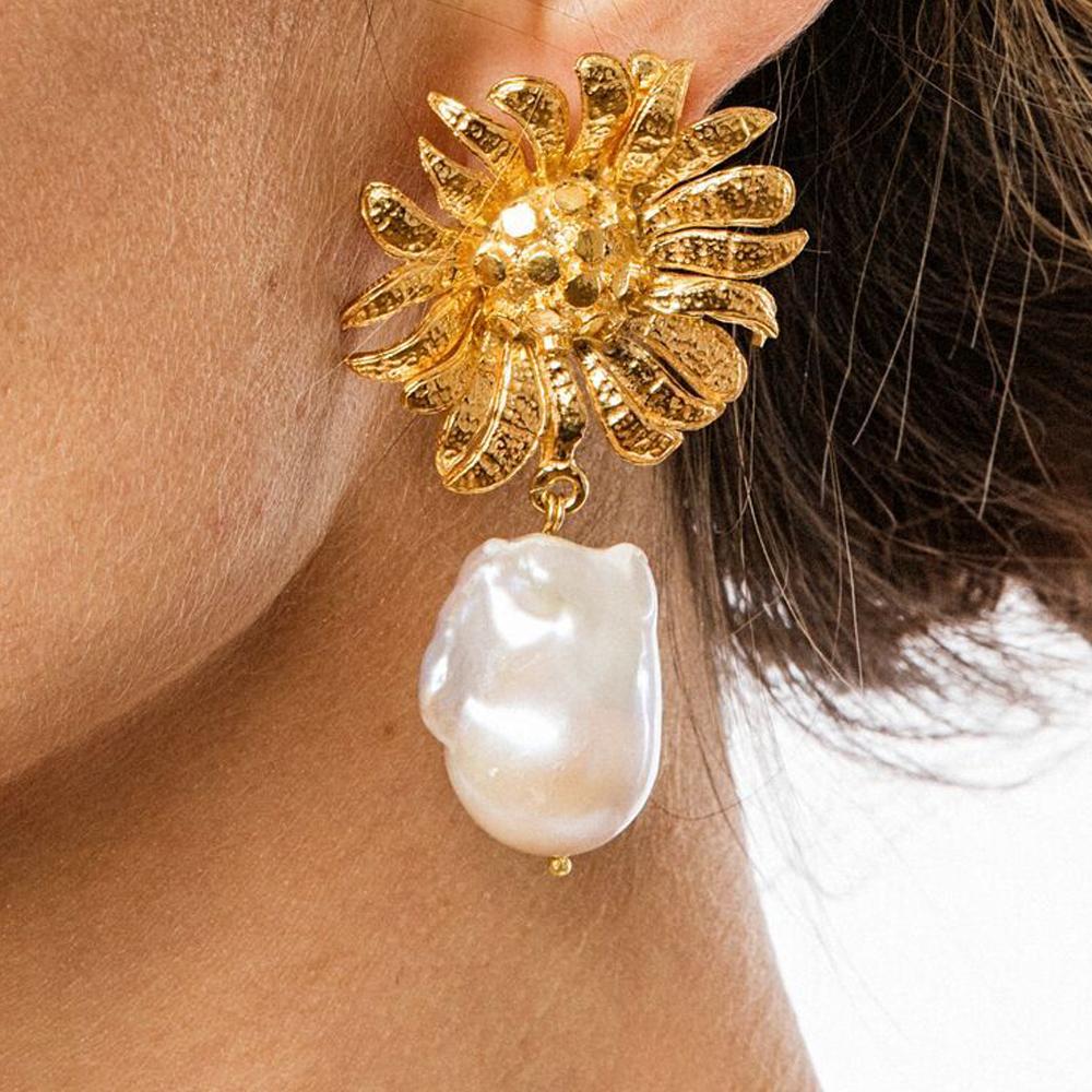 Art Nouveau Christie Nicolaides Gold Antonella Earrings in Pearl  For Sale