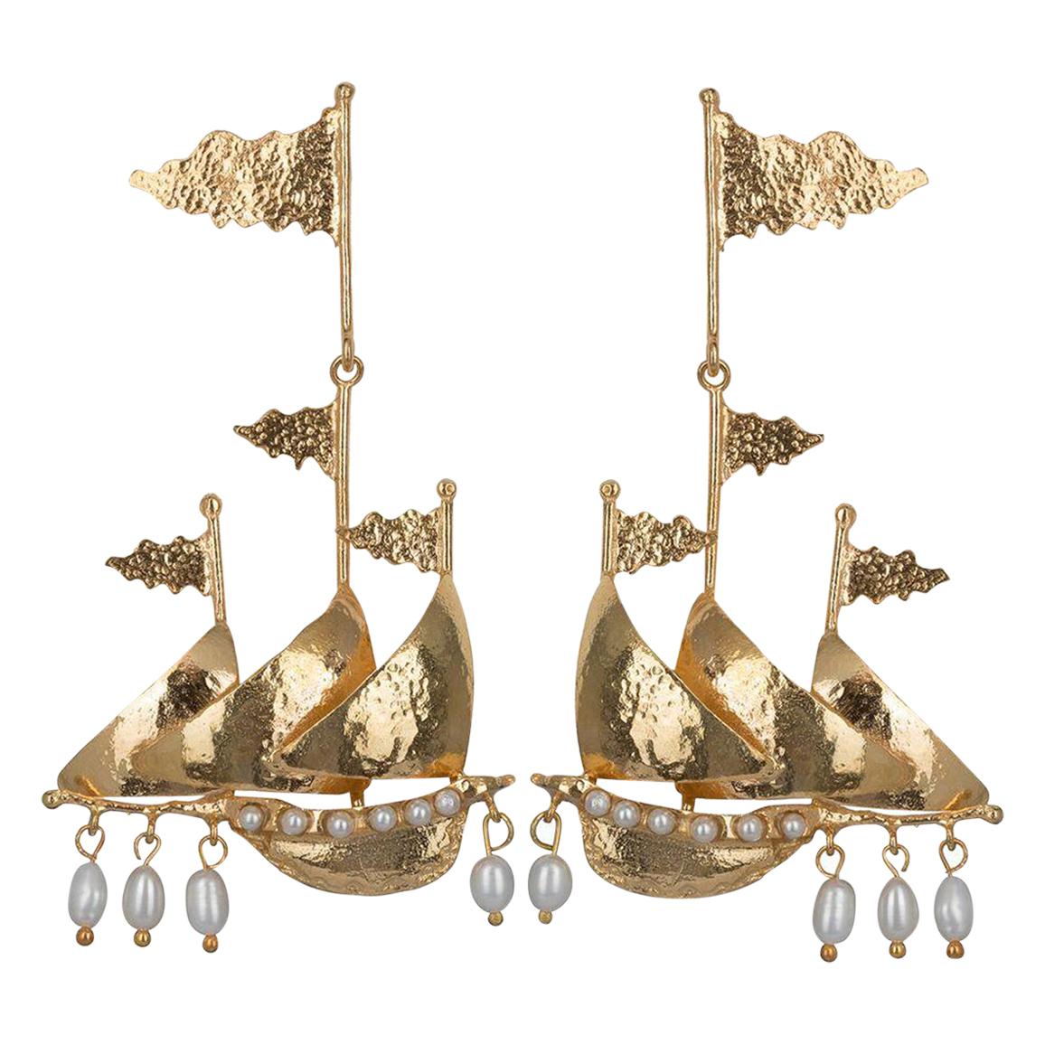 Christie Nicolaides Gold Capitana Earrings in Pearl  For Sale