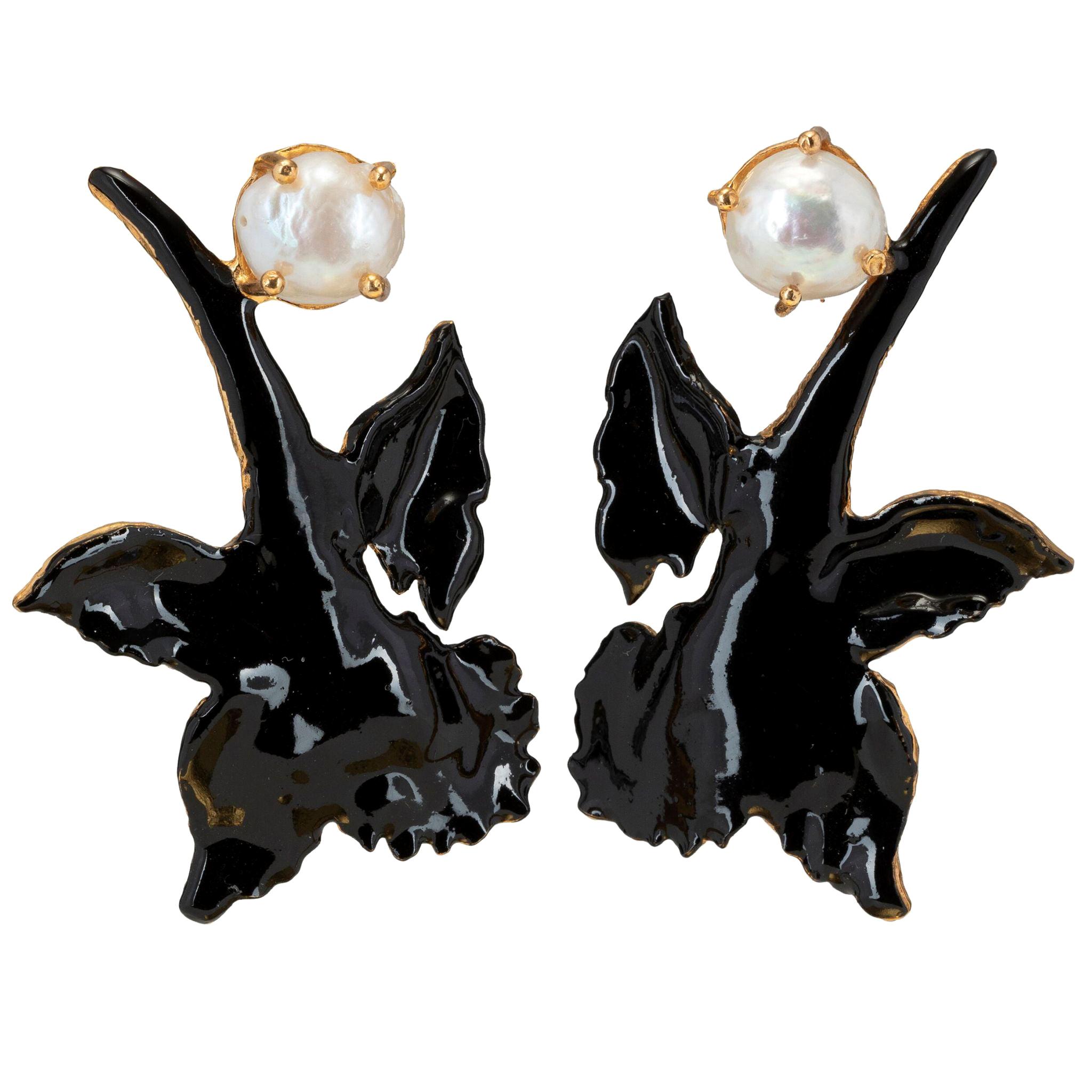 Christie Nicolaides Gold Chanel Earrings in Black Enamel & Pearl  For Sale