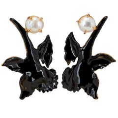Christie Nicolaides Gold Chanel Earrings in Black Enamel & Pearl 