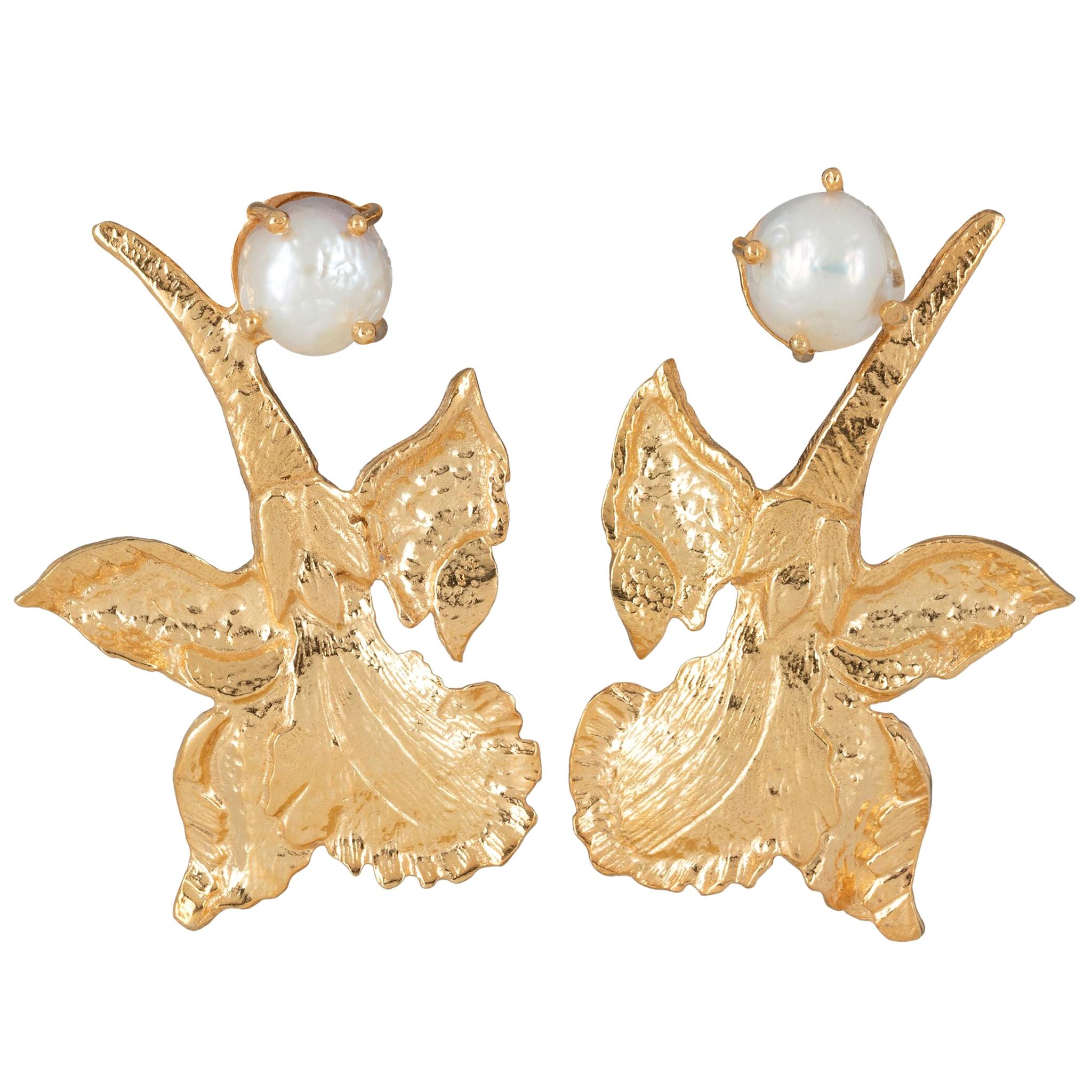 Christie Nicolaides Gold Chanel Earrings in Pearl  For Sale