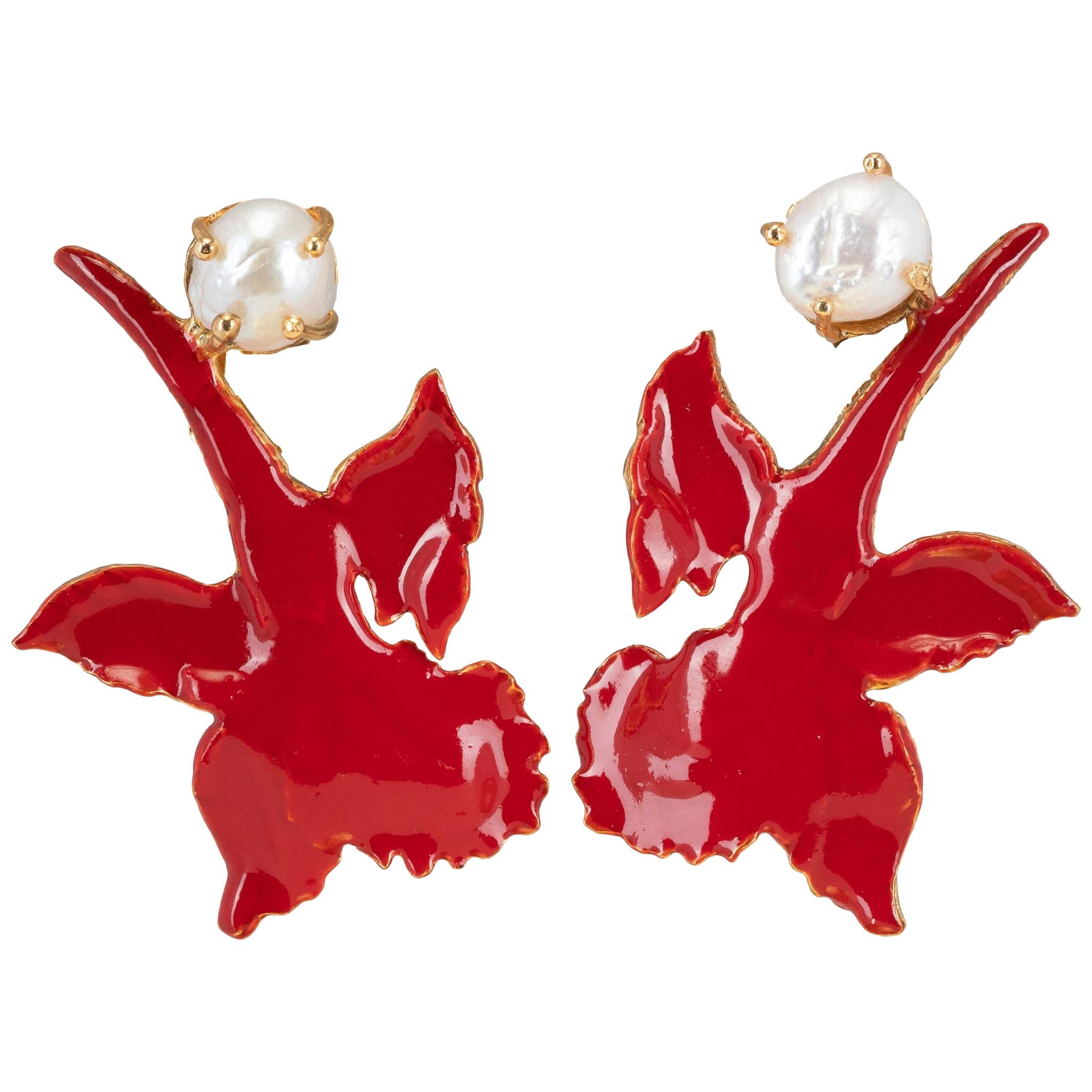 Christie Nicolaides Gold Chanel Earrings in Red Enamel & Pearl  For Sale