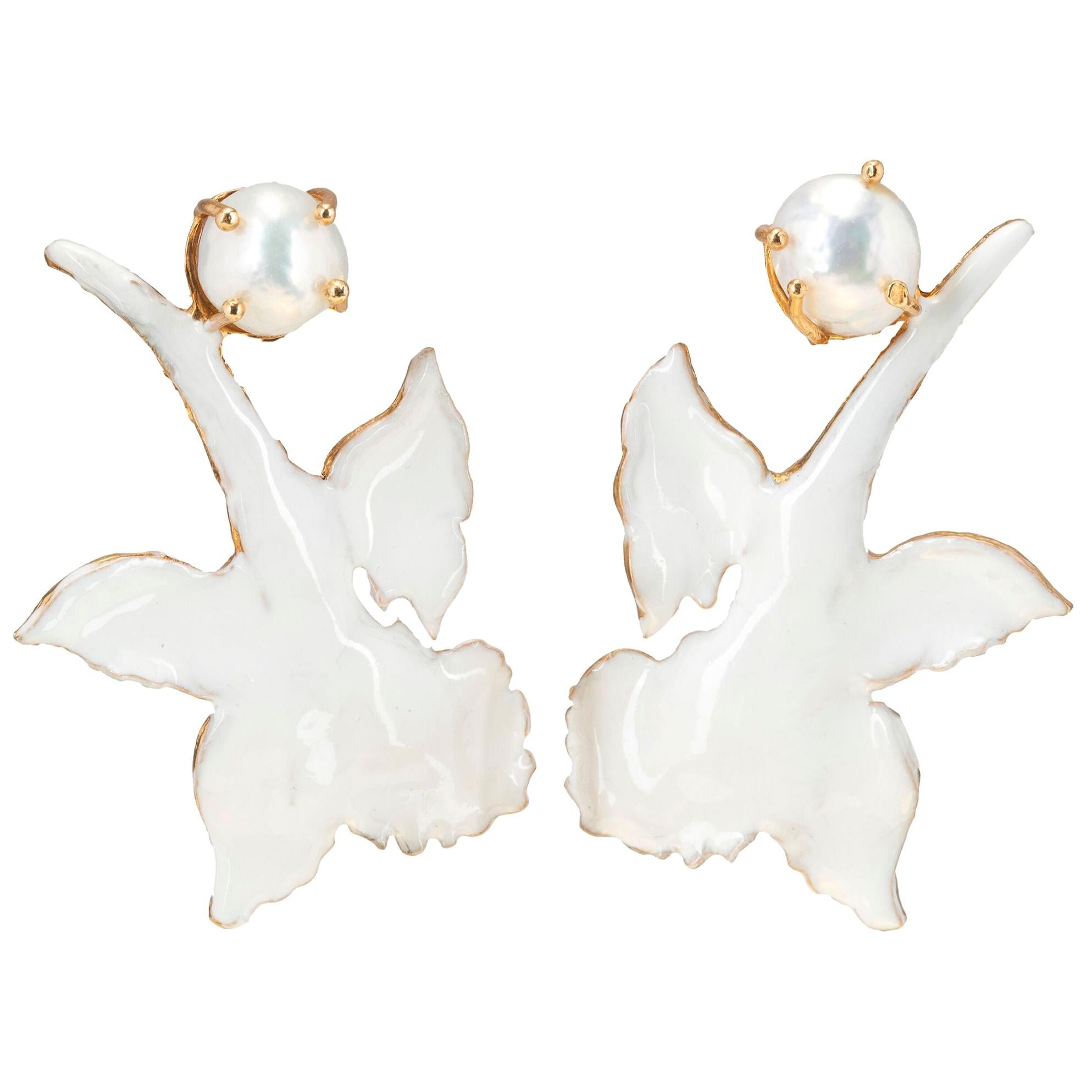 Christie Nicolaides Gold Chanel Earrings in White Enamel & Pearl  For Sale