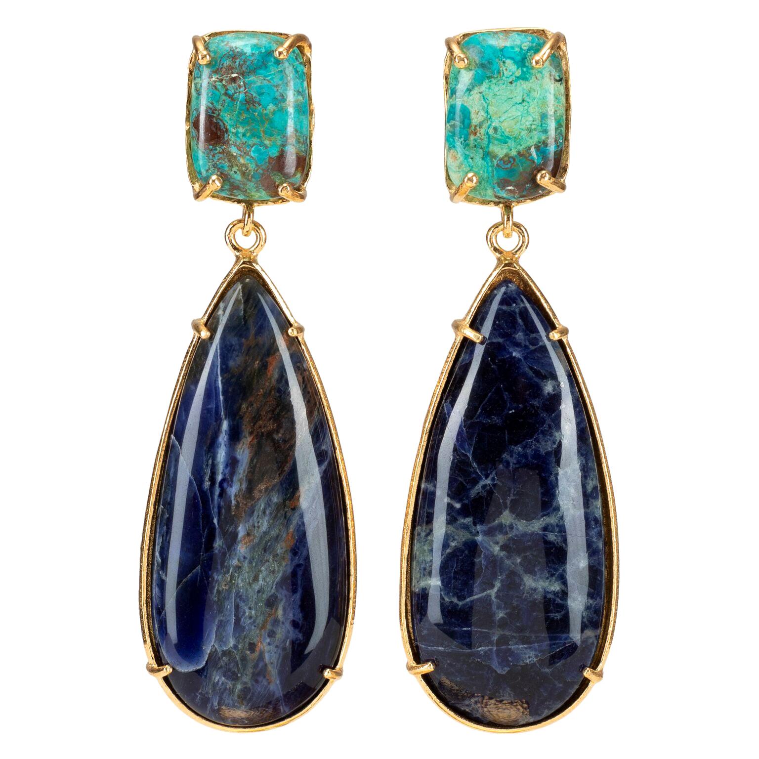 Christie Nicolaides Gold Franca Earrings in Blue Sodalite & Turquoise  For Sale