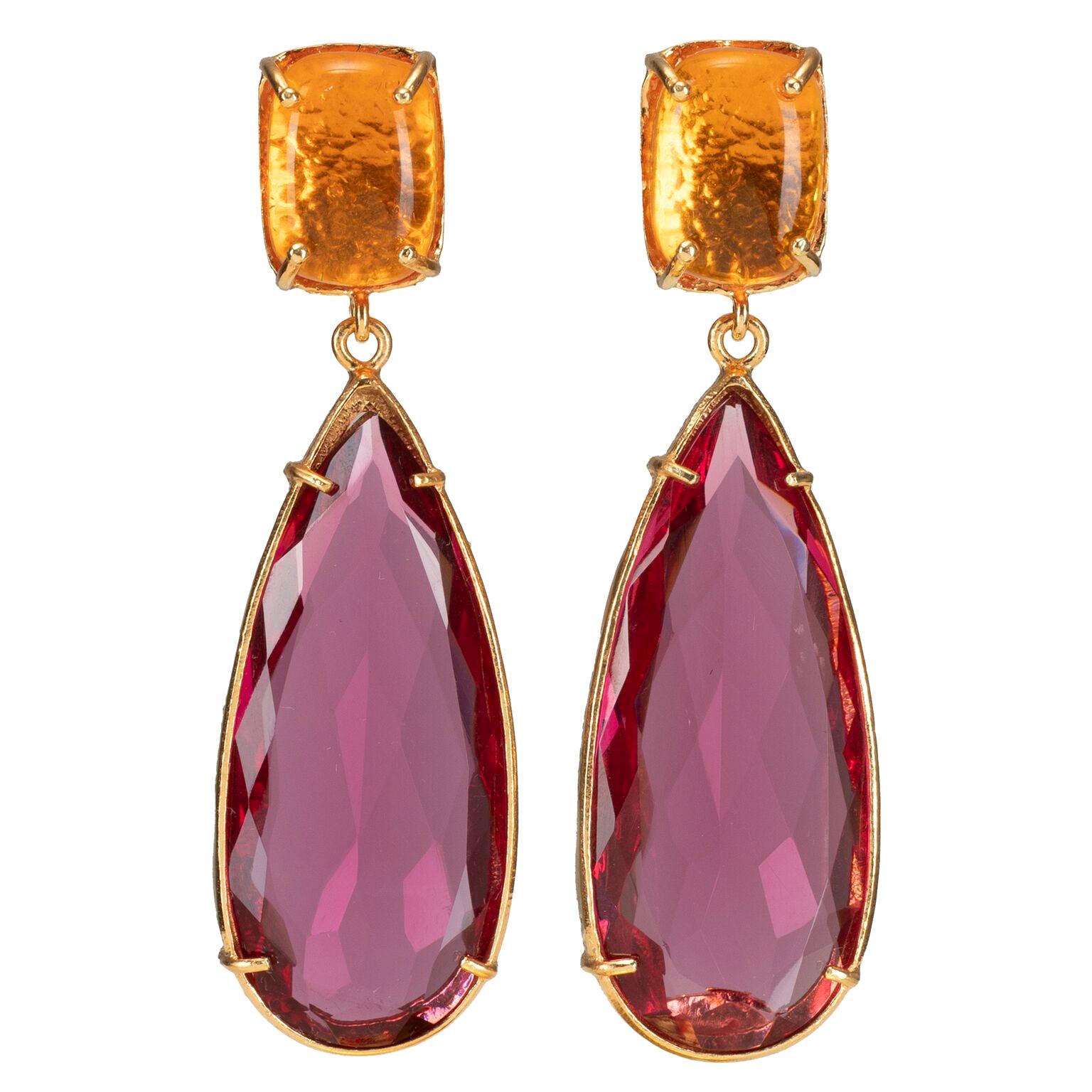 Christie Nicolaides Gold Franca Earrings in Pink Quartz & Amber  For Sale