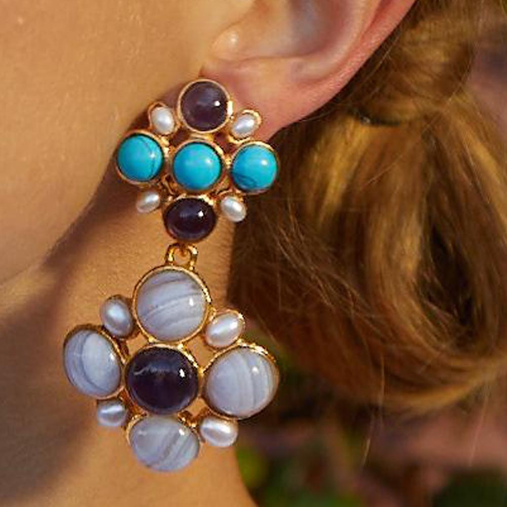 Art Nouveau Christie Nicolaides Gold Guinevere Earrings in Amethyst, Turquoise & Pearl  For Sale