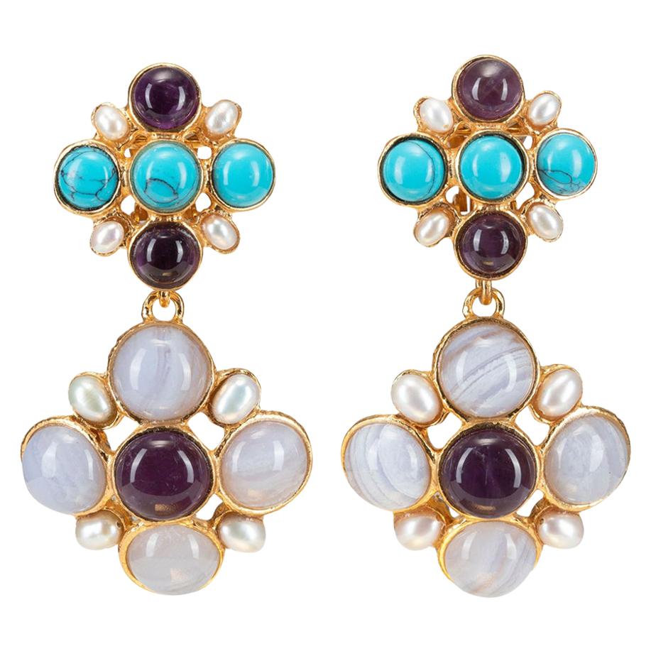 Christie Nicolaides Gold Guinevere Earrings in Amethyst, Turquoise & Pearl  For Sale