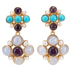 Christie Nicolaides Gold Guinevere Earrings in Amethyst, Turquoise & Pearl