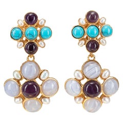 Christie Nicolaides Gold Guinevere Earrings in Amethyst, Turquoise & Pearl 