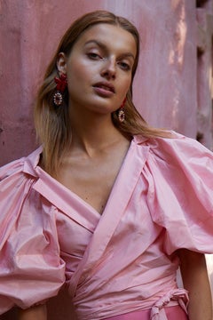 Christie Nicolaides Gold Isabella Earrings in Red Enamel & Pink Quartz