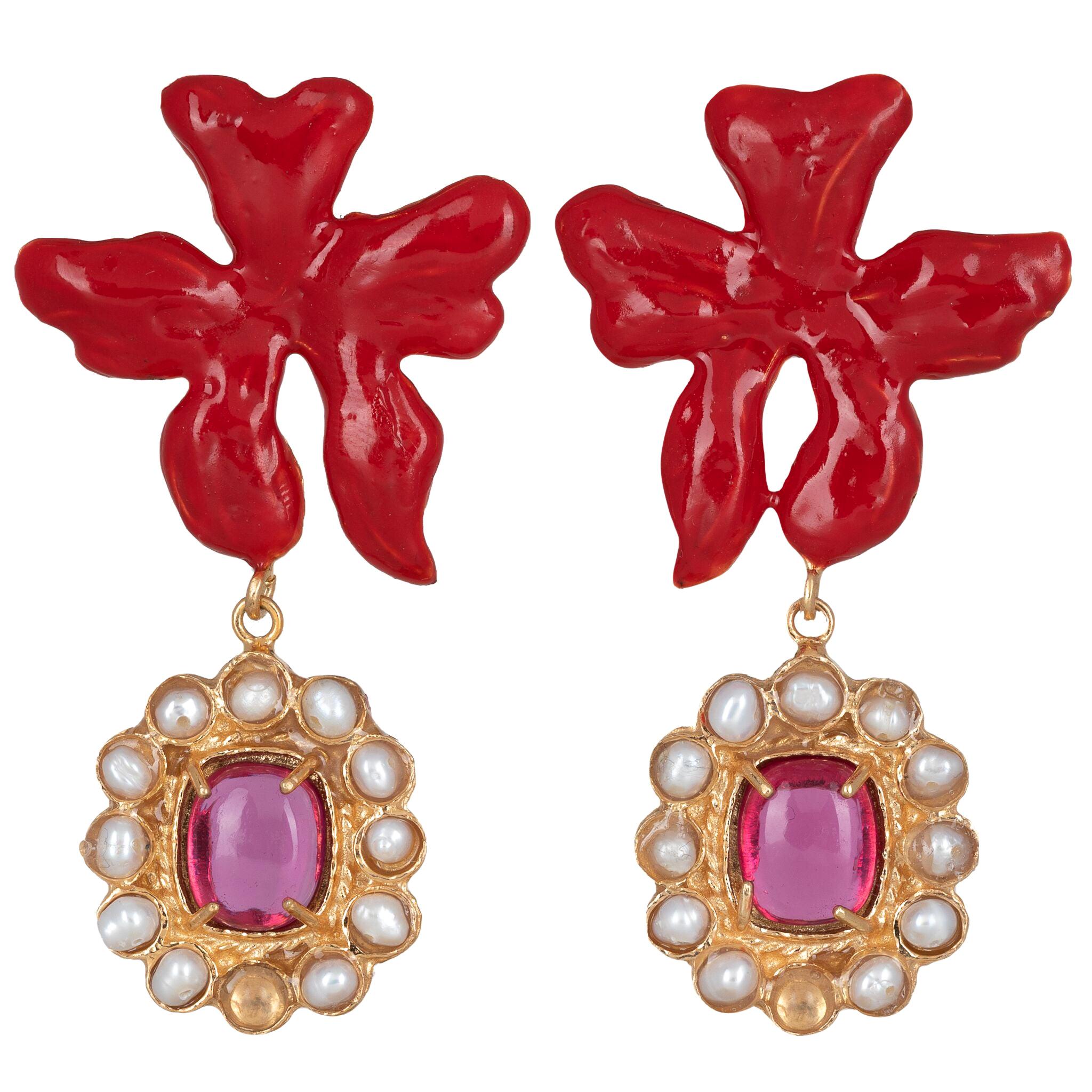 Christie Nicolaides Gold Isabella Earrings in Red Enamel & Pink Quartz  For Sale