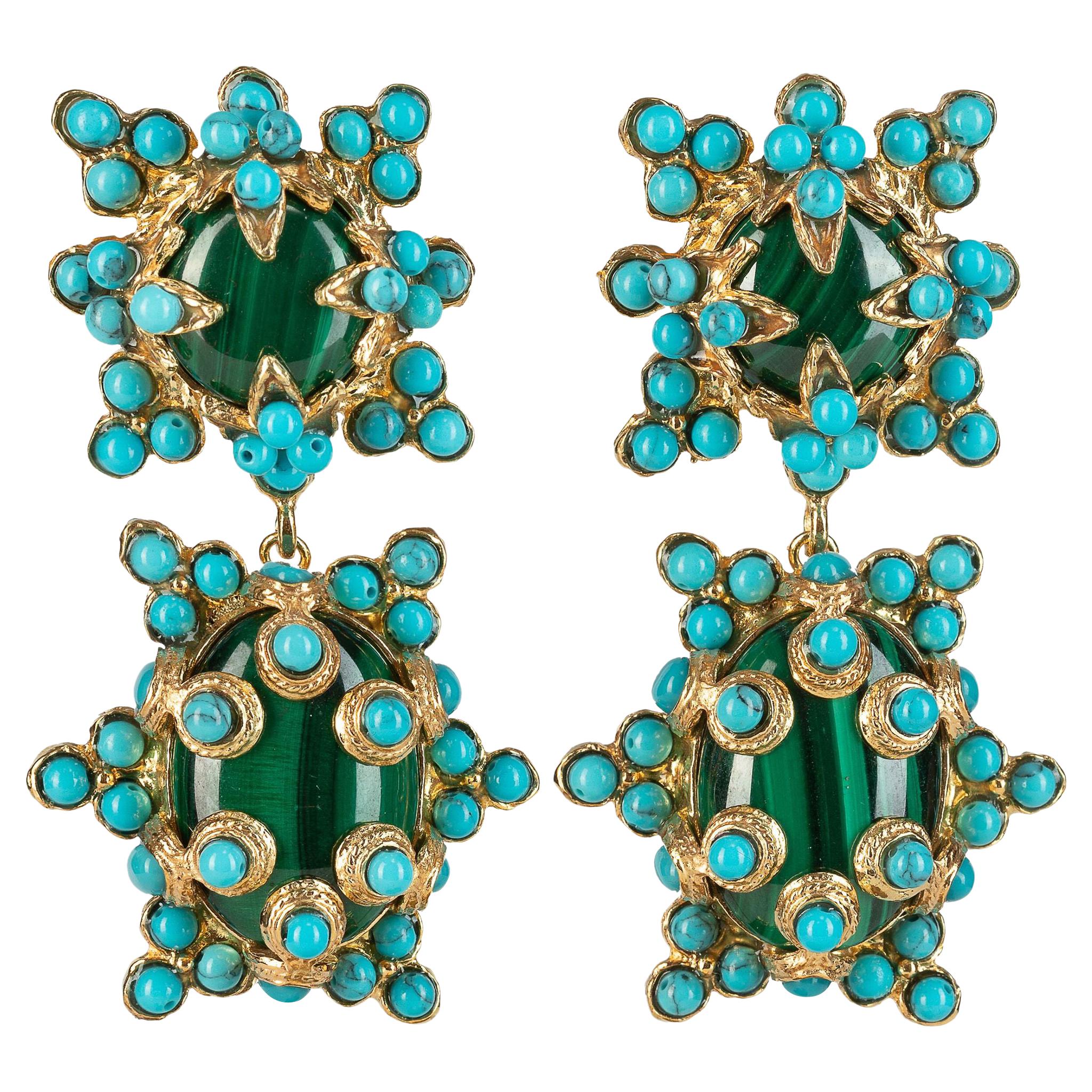 Christie Nicolaides Gold Lucia Earrings in Malachite & Turquoise  For Sale