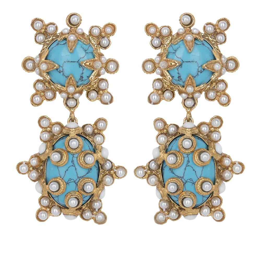 Christie Nicolaides Gold Lucia Earrings in Turquoise & Pearl  For Sale